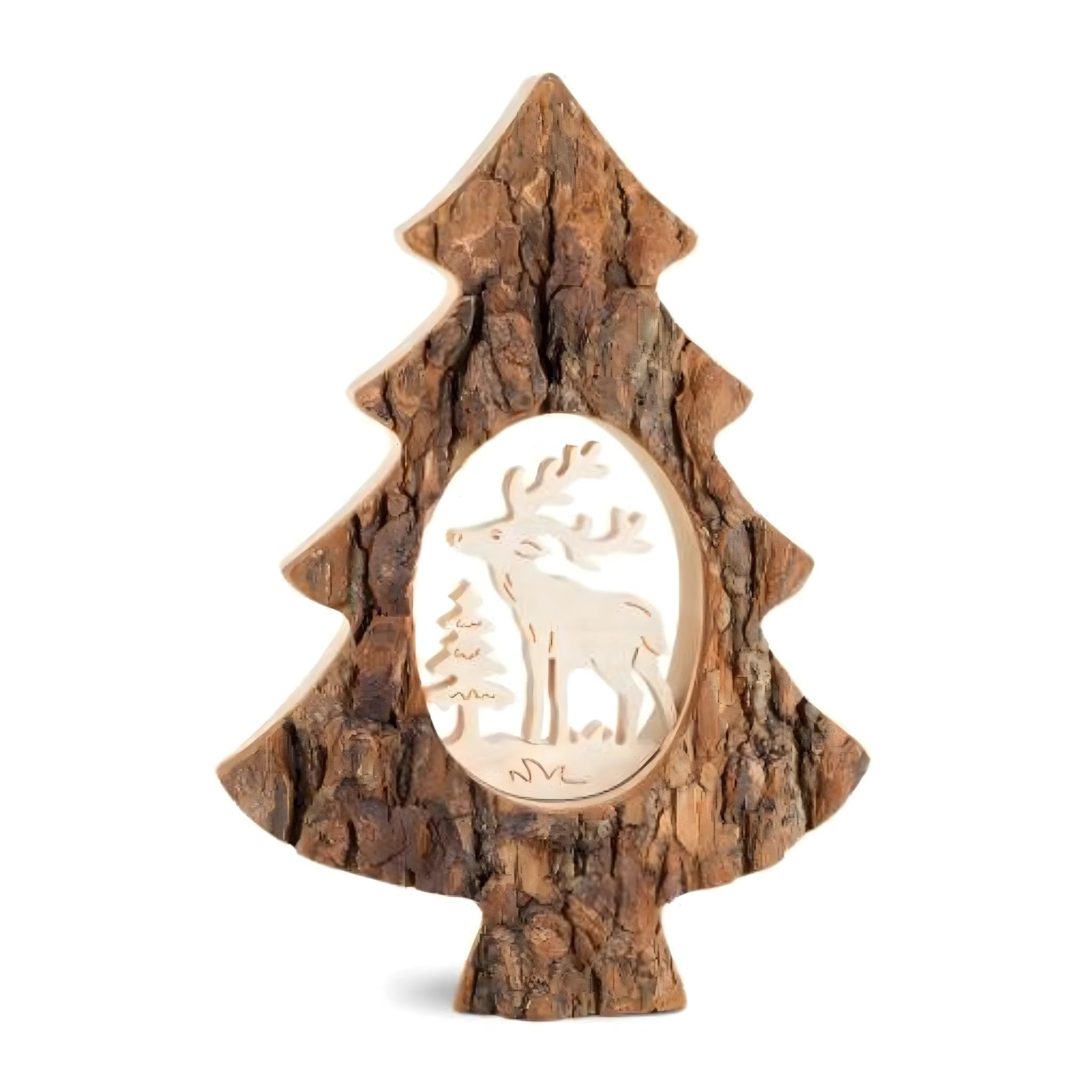 Arbre en écorce et cerf sculpté en bois pour faire revivre la magie de Noël