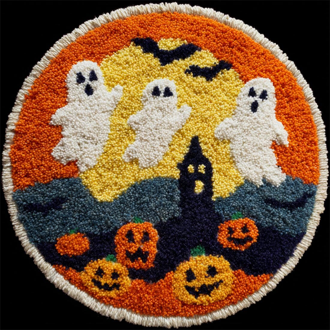Rqwybcaxn DIY Rug Latch Hook Kits for Teens Animal Needlework Kit Ghosts and Pumpkins 80x80cm Round Tapestry with Crochet Hook Study Craft Gift
