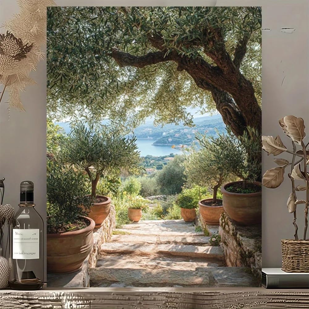 GOSRD Canvas Wall Art Olive Tree Garden Pathway Modern Vintage Printed Poster For Home Office Decor(60x80CM/Frameless)