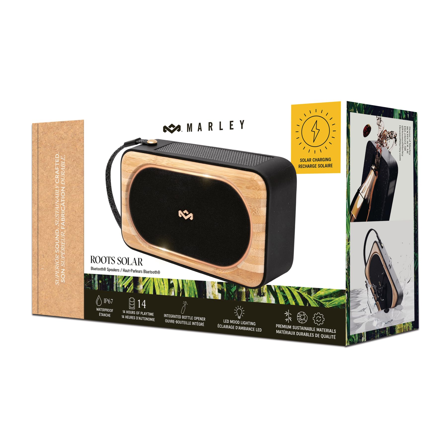 House of Marley Roots Solar Altoparlante Bluetooth Portatile - Nero | Piccolo per Viaggi & Outdoor, IP67 Impermeabile, 14 Ore di Autonomia, Altoparlanti Wireless per Telefono