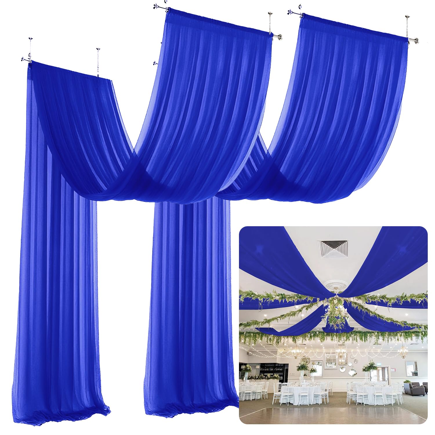ROMANKAS Ceiling Drapes for Weddings Royal Blue Ceiling Draping Fabric 5x30ft 2 Panels Sheer Fabric Draping Wedding Ceilings Drapes Chiffon Ceilings