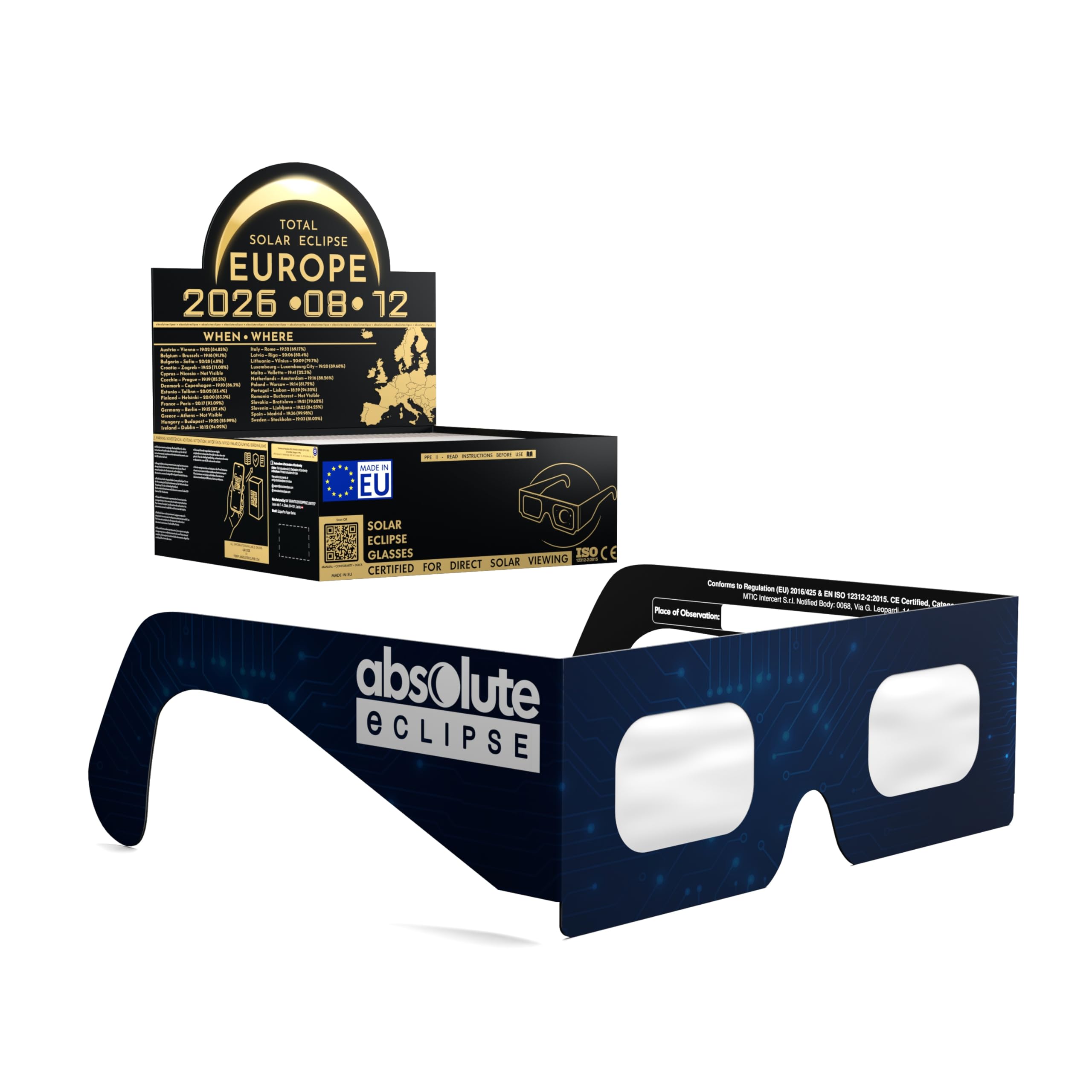 Solar Eclipse Glasses ISO 12312-2 CE Certified | Safe Solar Viewing Glasses UK | Paper Cardboard Frame | Total Solar Eclipse August 2026 | Made in EU | 50 Pack | BTC — image 1