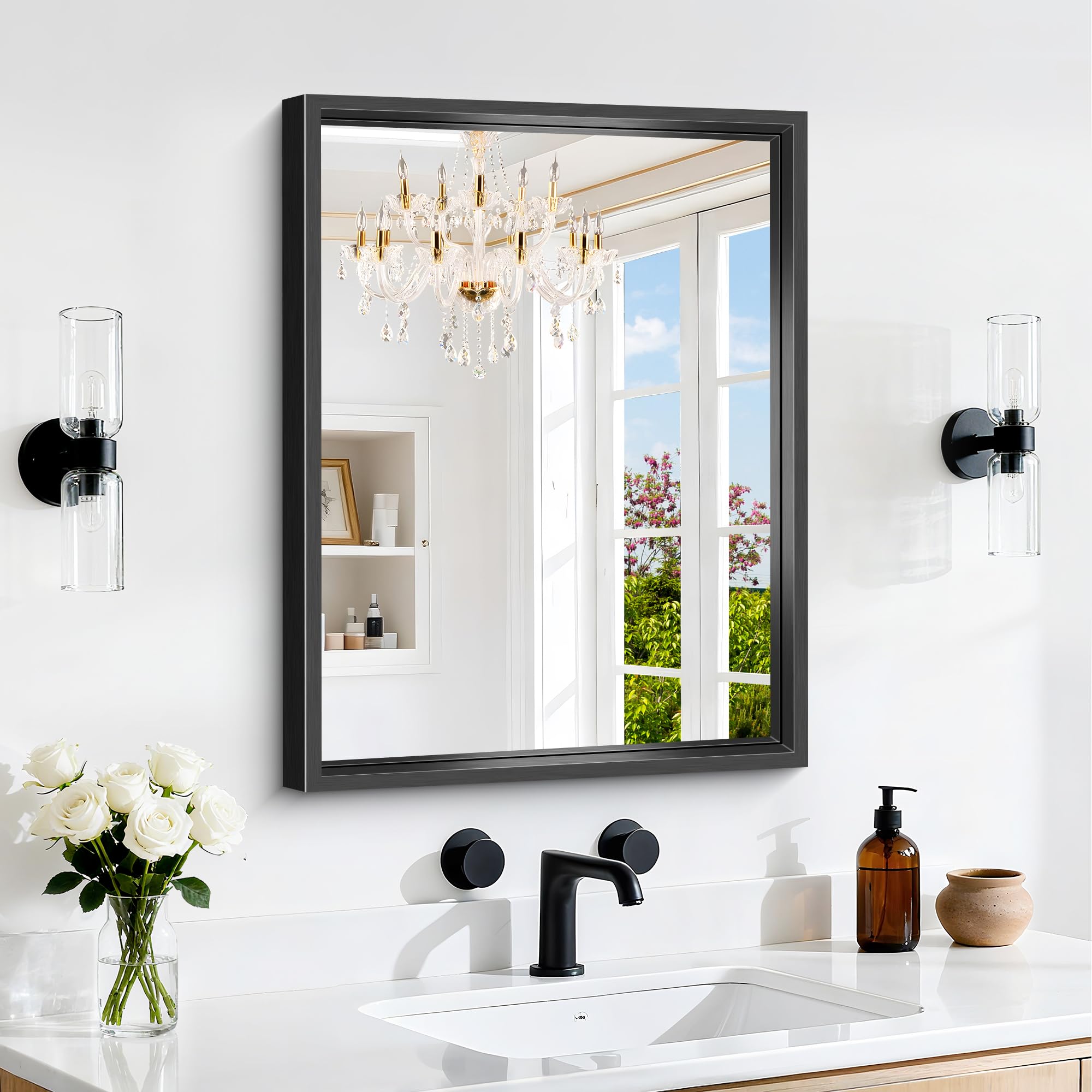 Black Bathroom Mirror 18x24 Inch Rectangle Mirrors for Wall 0 6 Thickened Deep Frame Brushed Black Mirrors for