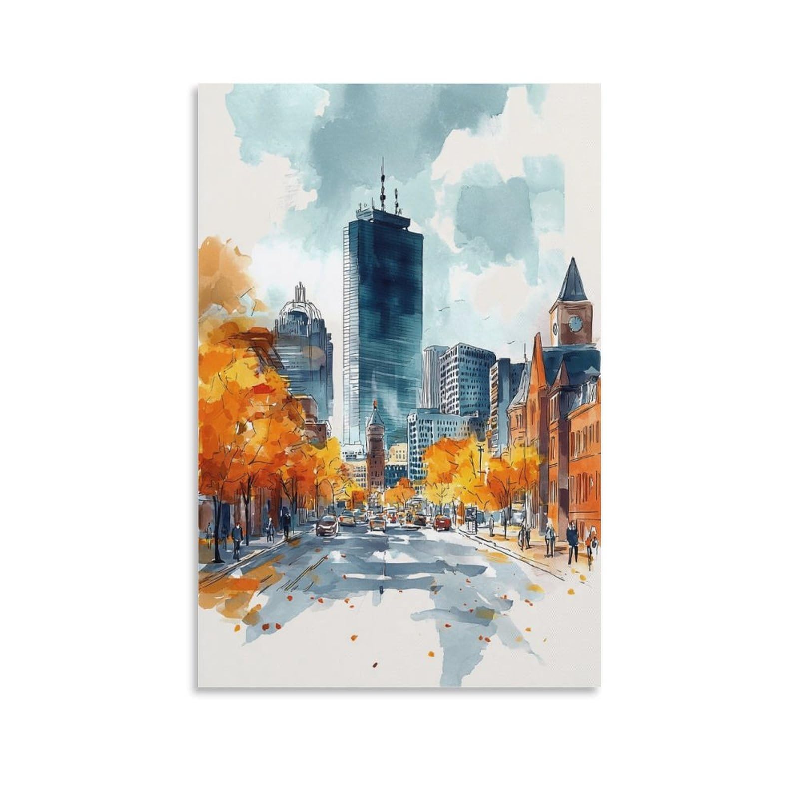 LCYNNH Boston Watercolor Print Autumn Cityscape Poster 12x18inch(30x45cm) Print Home Bedroom Office Living Room Decor Canvas