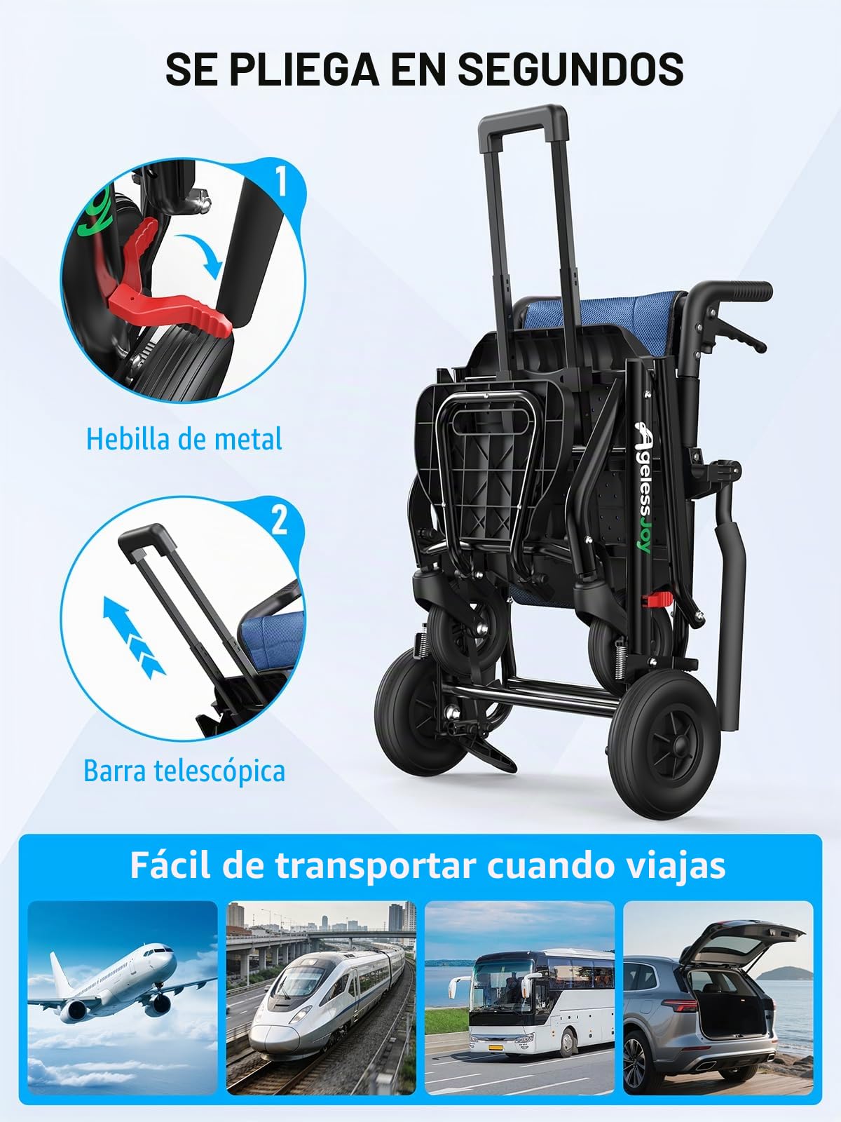 Silla de Ruedas Plegable Ligera para Mayores, Silla de Transferencia Ultraligera de Aluminio (9 kg) con Mango Telescópico, Silla Ruedas de Transporte para Viajes y Avión, Azul