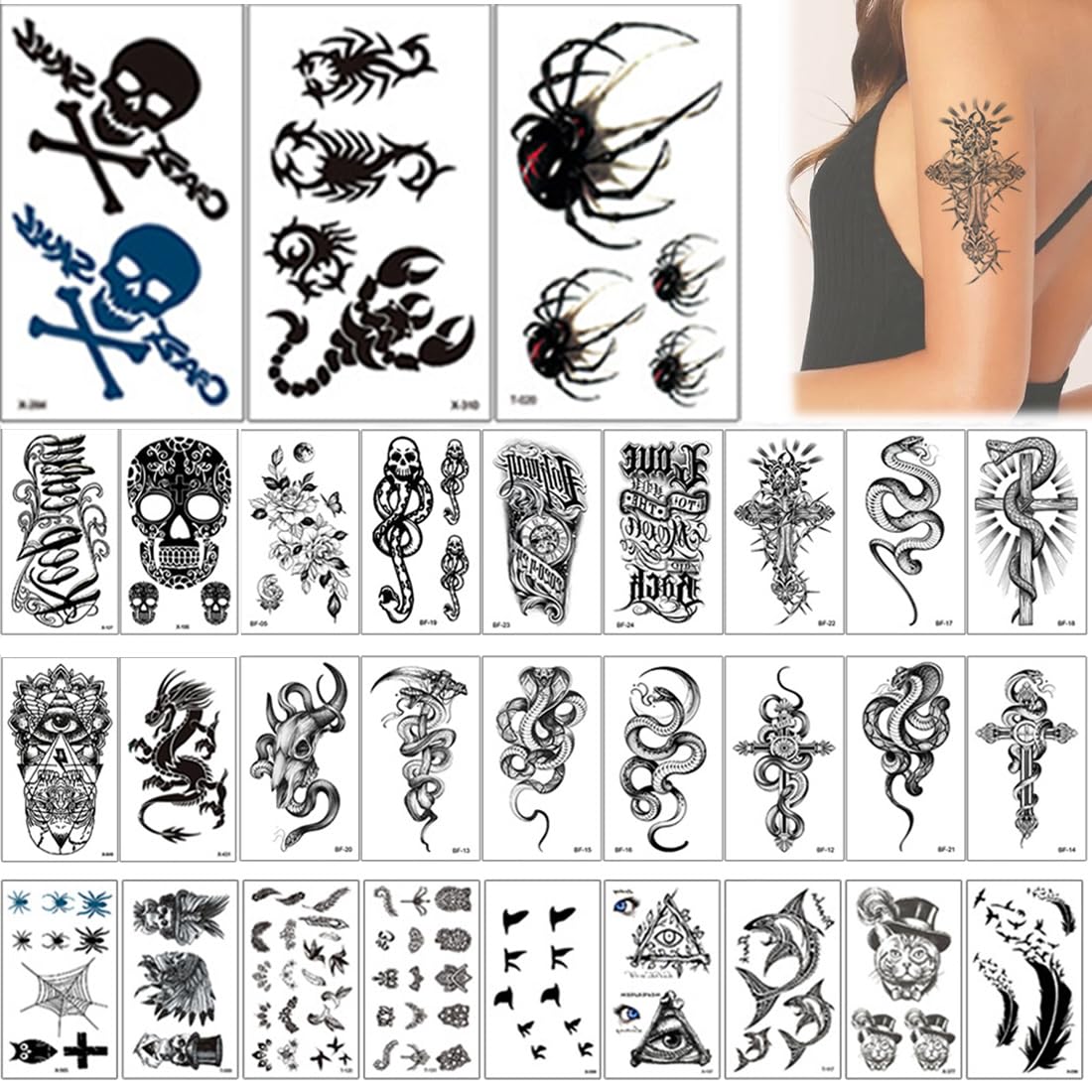 WKRTDY 30 Tatuajes Temporales a Prueba de Agua para Adultos, Incluye Diseños para Cuerpo, Brazos, Pecho, Hombros y Arte Corporal, Pegatinas de Tatuaje con Efecto Maquillaje