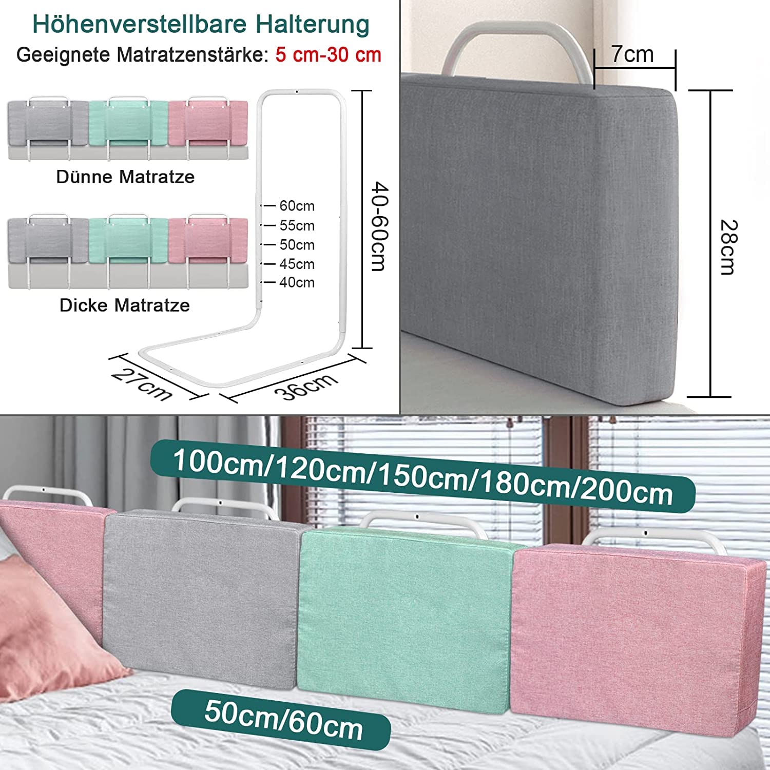 Aufun Zabezpieczenie przed uderzeniem łóżeczka 5-otworowa regulacja wysokości Zabezpieczenie przed upadkiem Bramka zabezpieczająca dla dzieci ze zdejmowanym i zmywalnym zamkiem błyskawicznym do łóżka rodzinnego i kołyski (100 cm, szary)