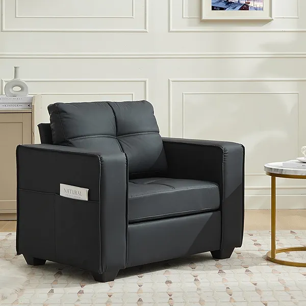 TYBOATLE Accent Chair, Comfy Black Faux Leather Living Room Chair Reading Oversized Accent Chairs Tufted Mid Century Modern Arm Chair, 38.58" Wide Armchair for Office Bedroom Lobby