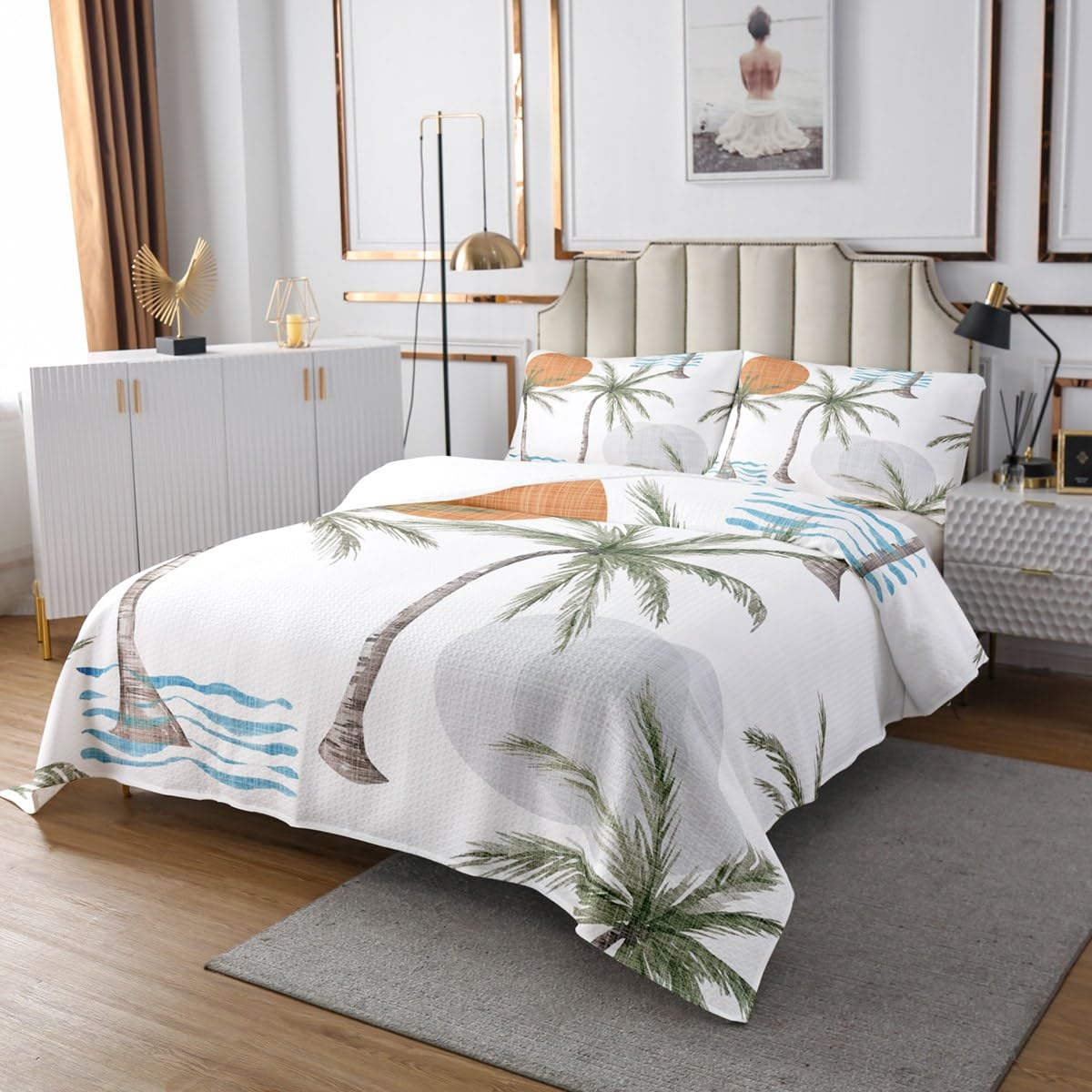 Coconut Tree Palm Leaves Coverlet Set Chic Orange Sunset Print Quilted Coverlet Watercolor Tropical Plant Comforter Set Bedspreads Quilt Set for Children Kids Coverlet Set,Twin Size 2 Pcs