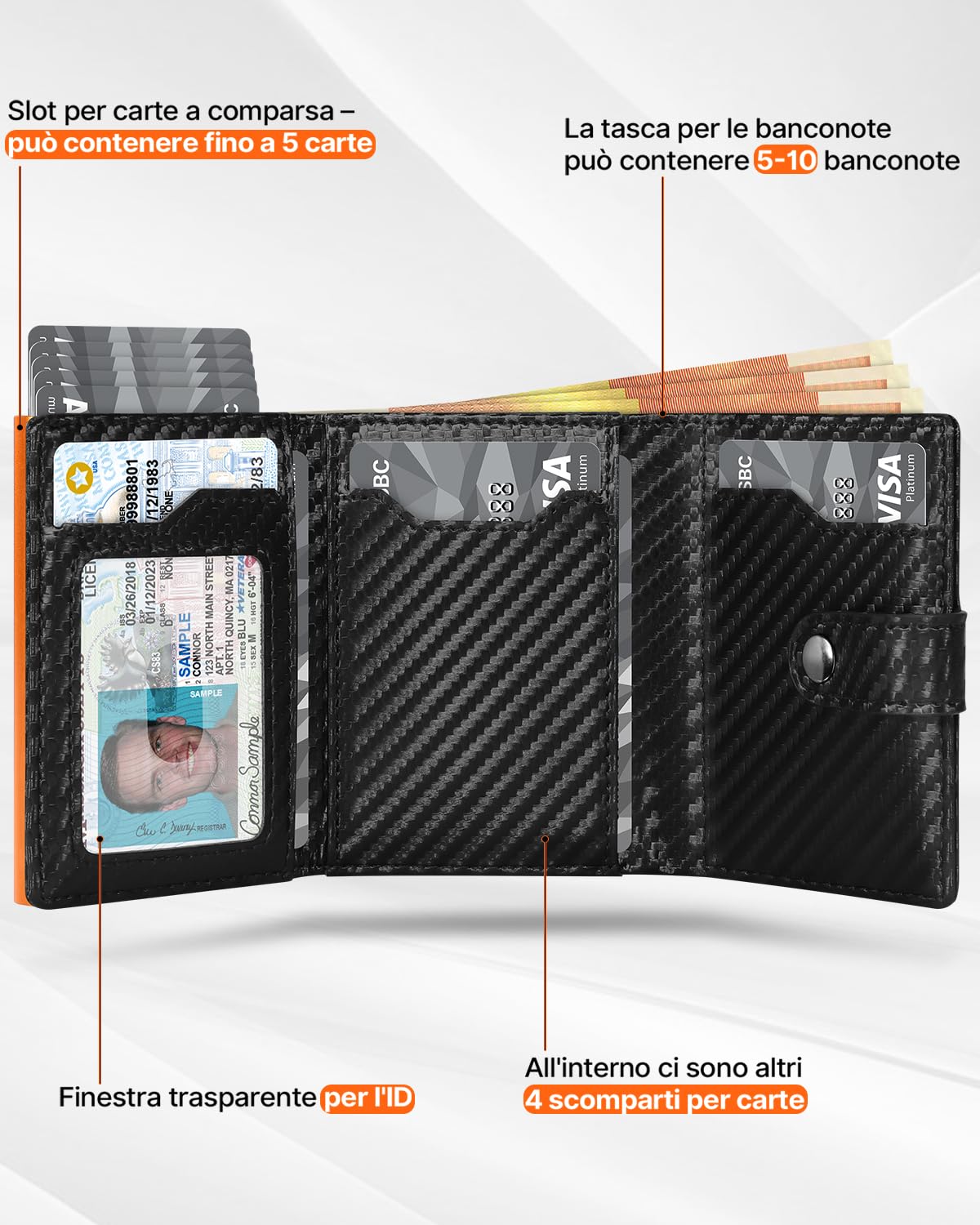 Tomylv Portafoglio Uomo Slim RFID Blocking, Fibra di Carbonio Porta Carte di Credito Uomo - ID Window, Tasca Portamonete con Cerniera, Scomparto per Banconota, Confezione Regalo - Nero Arancione