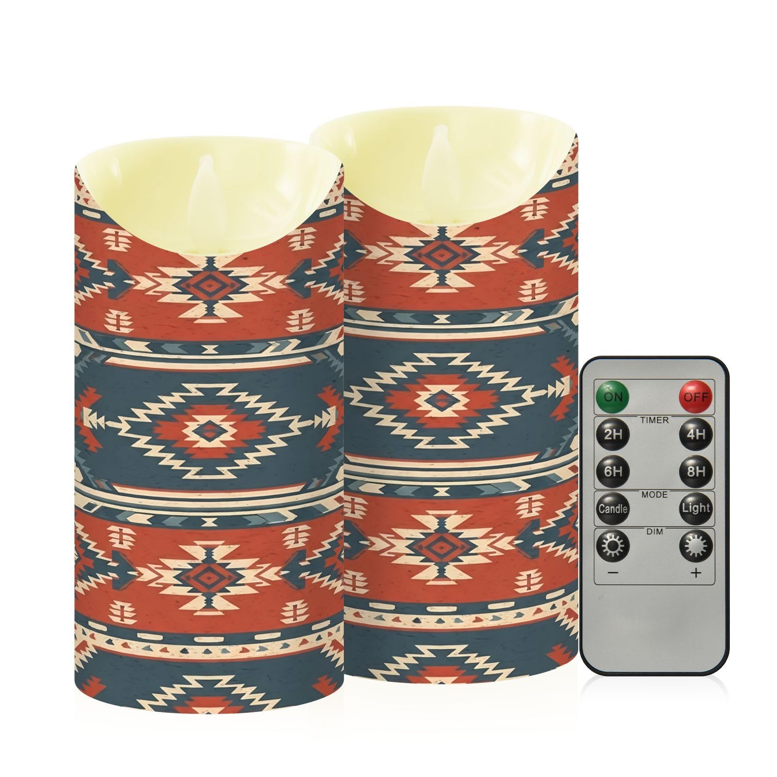 Cgiub Aztec Flameless Candles with Timer 2pcs Battery Operated Flickering Flameless LED Pillar Candles for Holiday Home Wedding Fireplace Decor