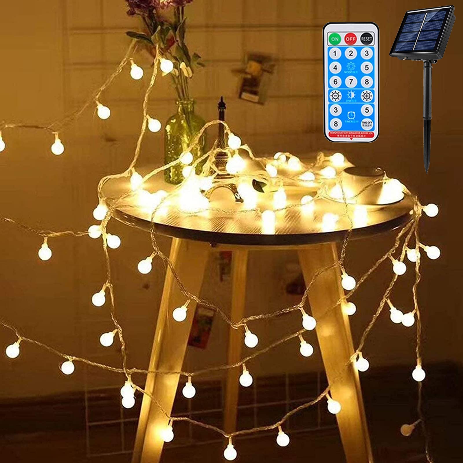 Solar Globe String Lights for Bedroom, 49 Feet 100 LED Fairy Lights Plug in, 8 Modes Warm White Christmas String Lights for Indoor Outdoor Patio Party Garden Wedding Christmas Tree Decor