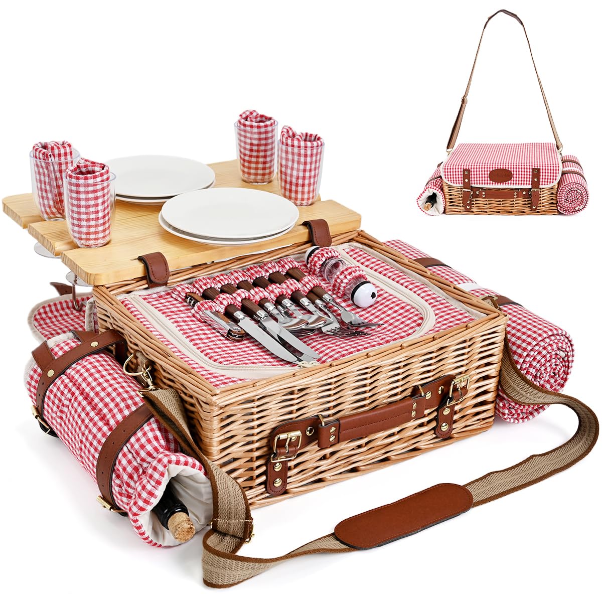 Multifunctional Wicker Picnic Basket Set for 4 with Blanket and Picnic Table, Insulated Picnic Set with Full Tablewares for Camping Outdoor Couples, Gingham