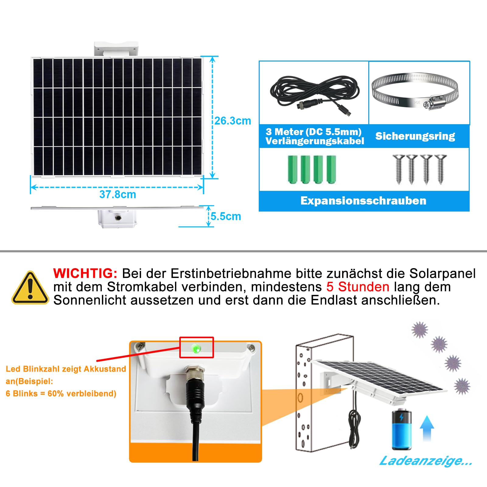 20W/12V Solarpanel mit eingebautem 31200mAh Akku, mit 3m DC5,5x2,1mm Stecker für 3G/4G Überwachungs kameras und Vogel-Fütterungskameras,Vogeltränke Stehend,IP66