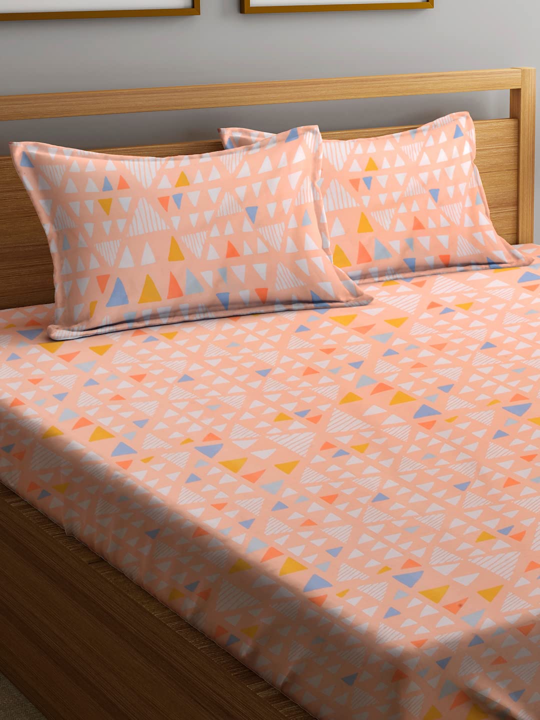 Klotthe Peach Geometric Cotton Blend 300 TC Double Bedsheet Set in Book Fold Packing 1