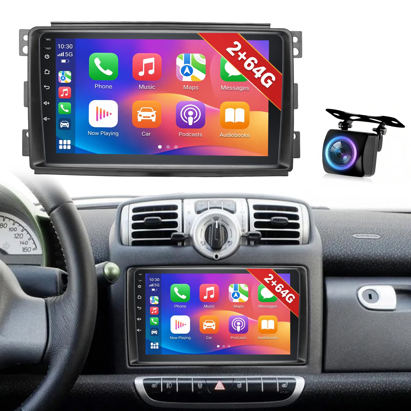 NHOPEEW 4+64G Radio Voiture pour Mercedes Benz Smart Fortwo 2005-2010 - Radio Android 9 Pouces avec sans Fil Carplay et Android Auto - Mirror Link 32EQ DSP Écran Divisé + Caméra de Recul & Microphone