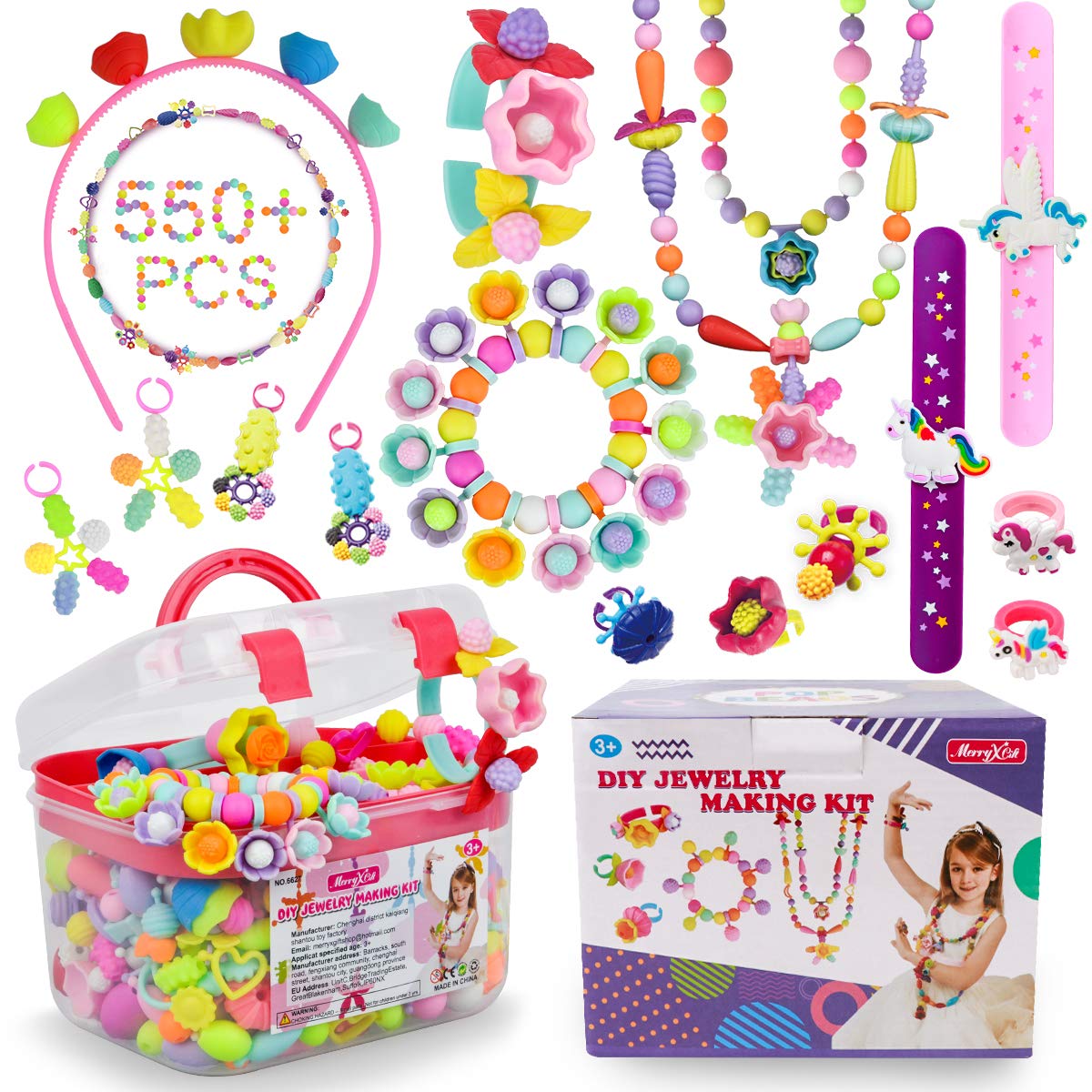Pop Beads - 500+Pcs DIY Jewelry Making Kit for Toddlers 3, 4, 5, 6, 7,8 Year Old, Kids Pop Snap Beads Set to Make Hairband, Necklaces, Bracelets, Rings and Art & Crafts Creativity Toys for Girls Boys