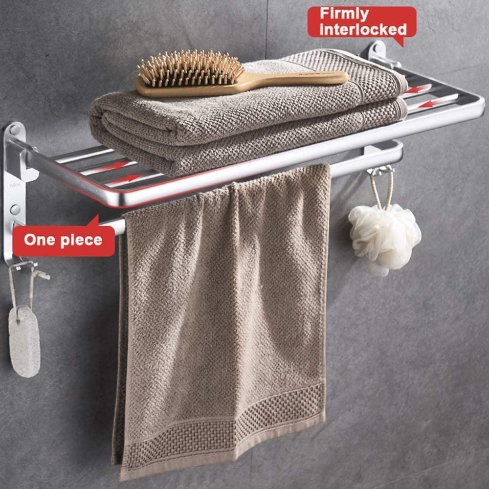 Rack Toallas Toallero Montado En La Pared Espacio De Aluminio Estante Doble Plegable con 2 Ganchos Accesorios De Baño