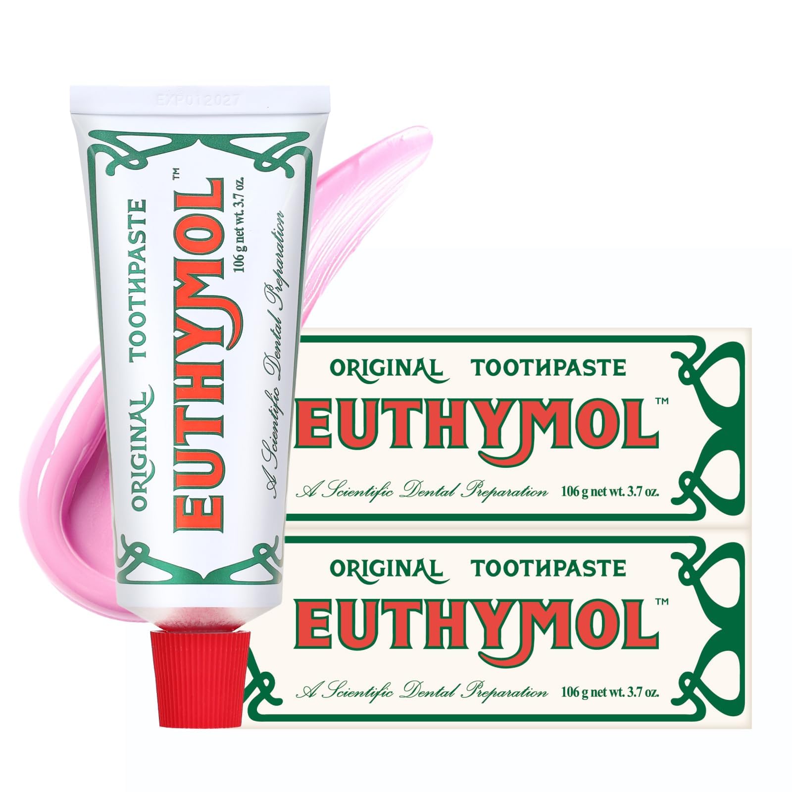EUTHYMOL Original Pink Toothpaste 3 7fl oz 2ea Pack of 2 - Fluoride-Free Toothpaste for Sensitive Teeth Gum