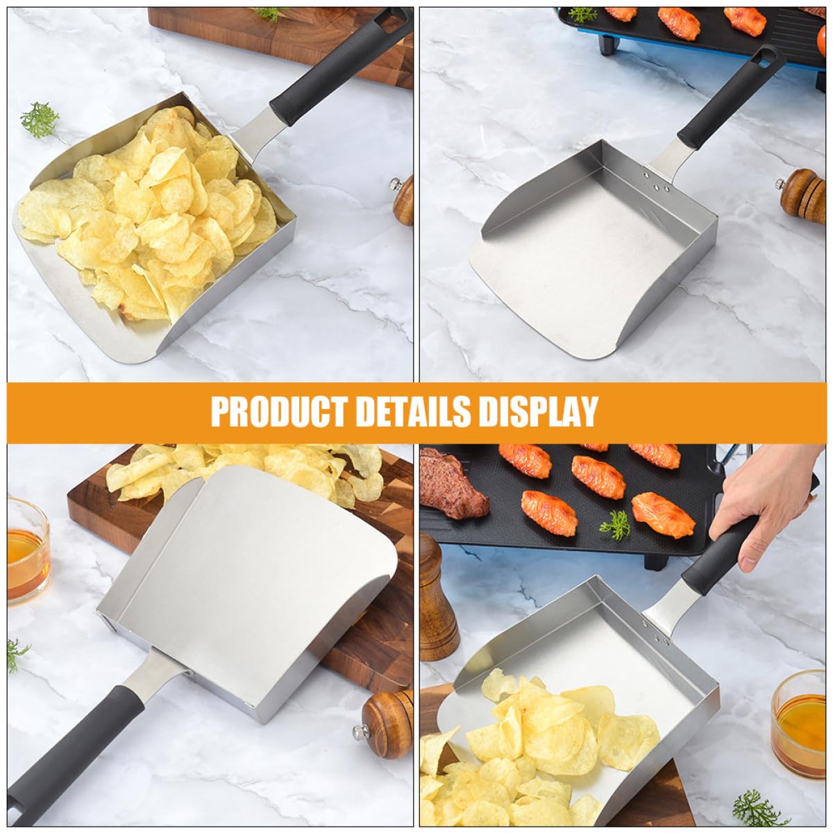 Pala de Papas Fritas de Acero Inoxidable Resistente Diseño Ergonómico para Cocina Doméstica y Supermercado, Utensilio Versátil para Freír y Servir