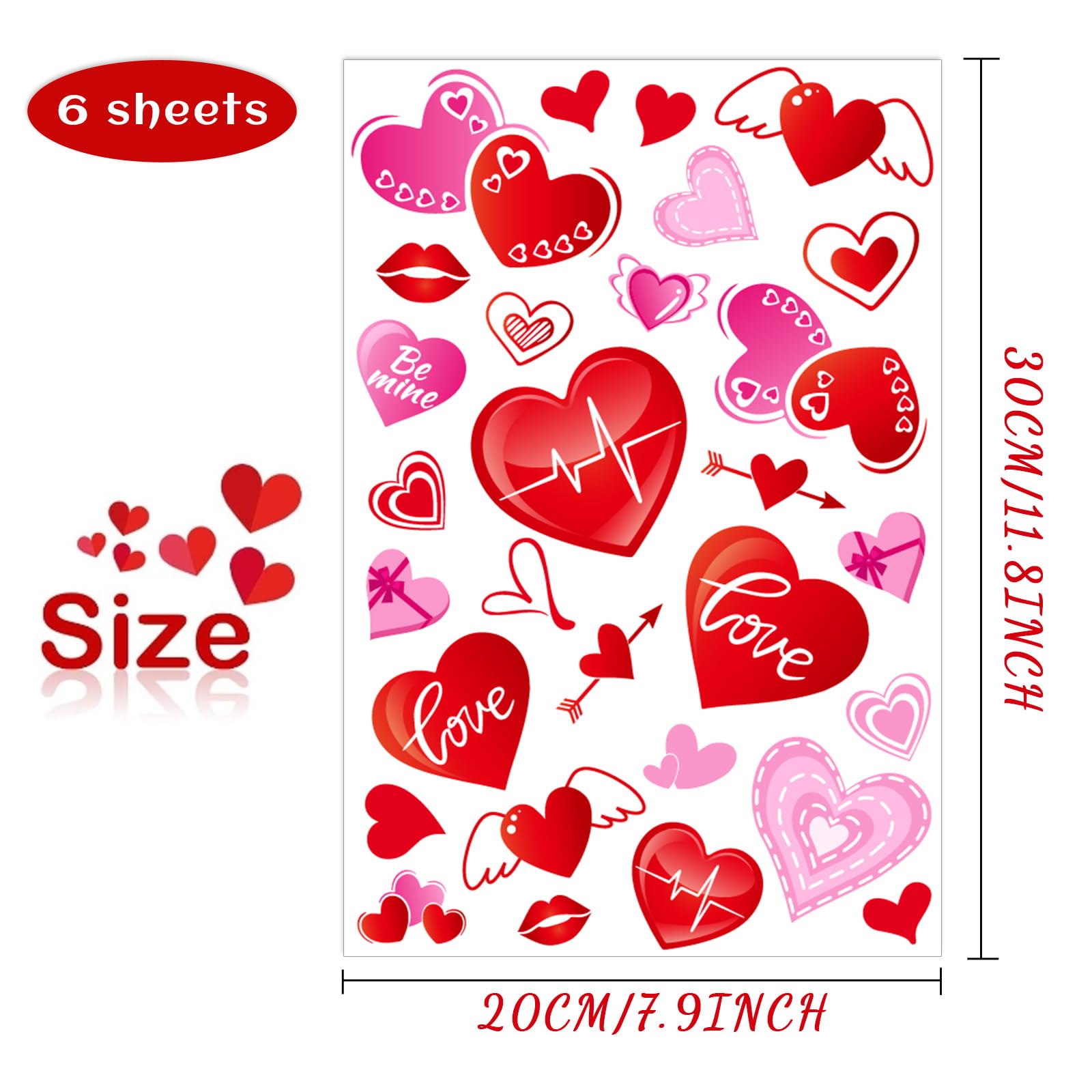 NEBURORA 174 Pcs Valentine's Day Window Clings PVC Stickers 6 Sheets Heart-Shape Window Glass Decal for Valentine's Party Decorations