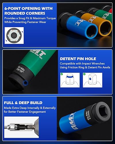 Miniatura 5 de Orion Motor Tech Juego de llaves de tuerca de 12 pulgada, métricas 17 19 0.827 in y SAE 1316 78 pulgadas, juego de 5 piezas de tuercas de impacto,