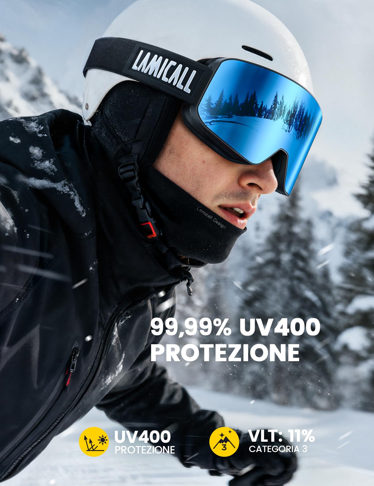 Lamicall Maschera da Sci Uomo, Occhiali da Sci OTG - [Ultra HD & Anti Nebbia Brevettato] Occhiali Snowboard per Donna e Uomo, Ski Mask con UV400 Protezione, Maschera Snowboard con Cinturino Regolabile