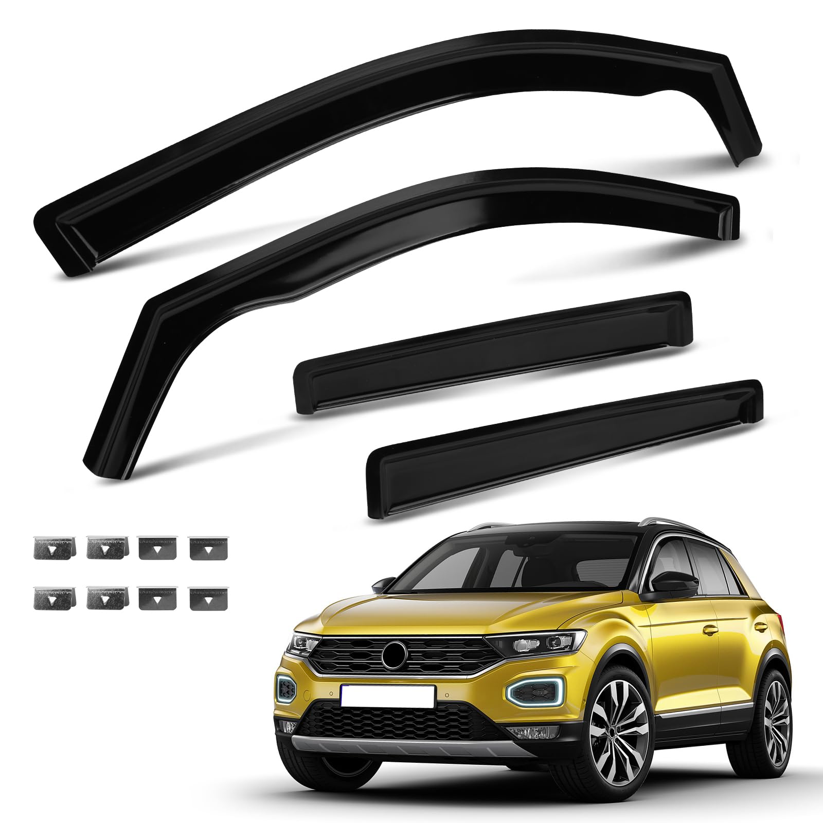 Deflettori per finestre di ricambio per VW T-ROC 2017-2025, set di 4 deflettori neri da incollare, antivento e pioggia per finestre laterali