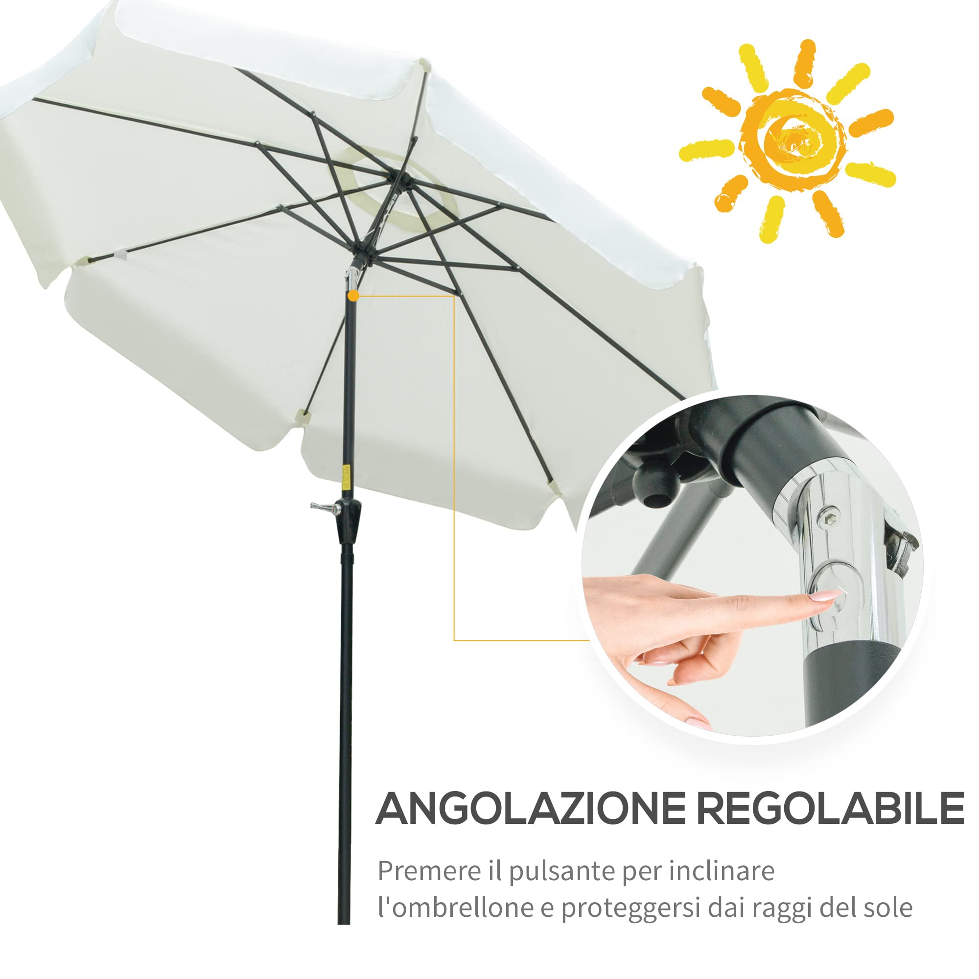 Outsunny Ombrellone da Giardino Ø2.7m Inclinabile a Manovella UV50 | Presa d'Aria, Bordo a Balze, Ombrellone da Esterno, 8 Stecche, Alluminio e Poliestere, per Spiaggia Balcone Terrazzo