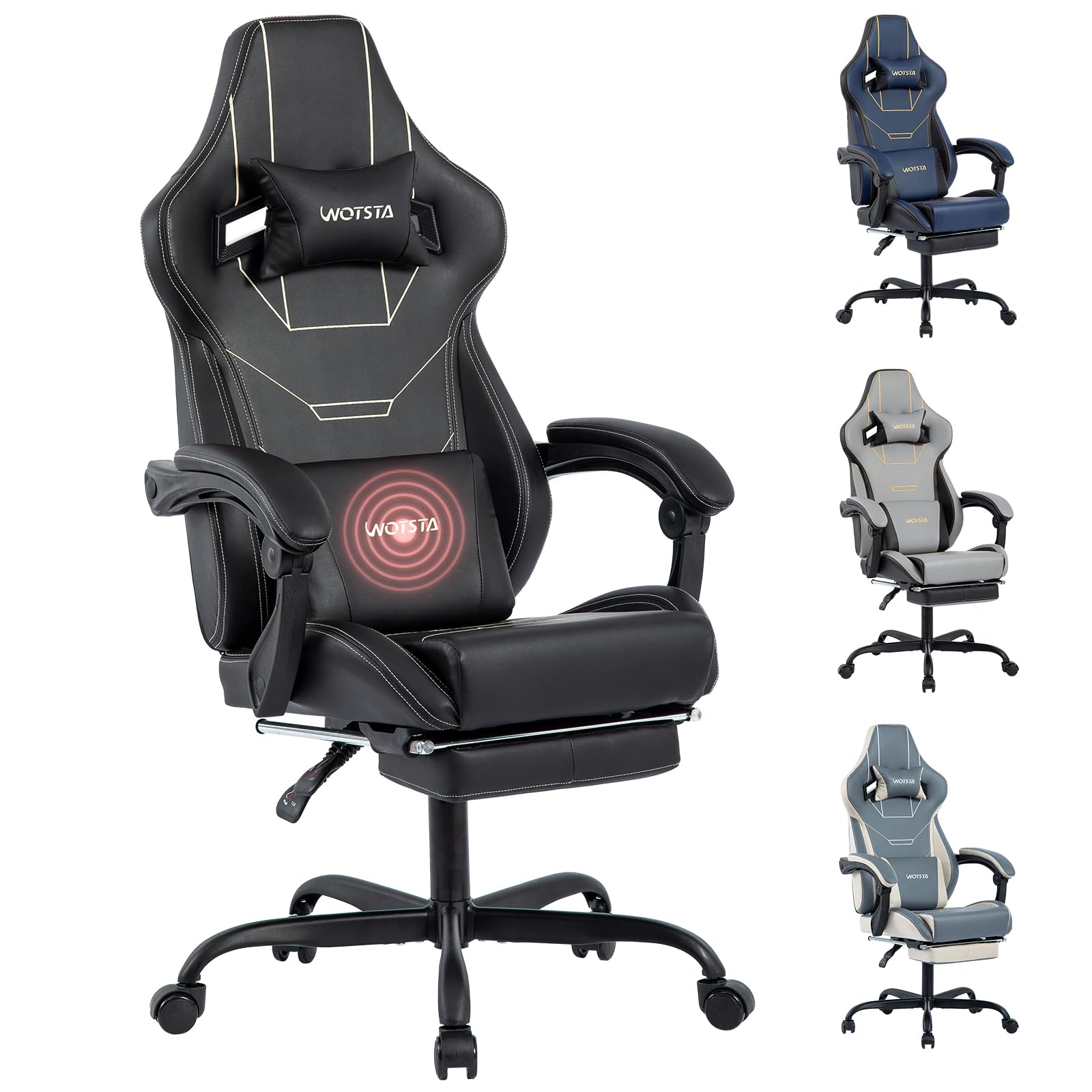 WOTSTA Gaming Stuhl Ergonomisch Gaming Chair Bürostuhl mit Fußstütze Racing Computerstuhl Höhenverstellbar Gepolstert Computerstuhl Lendenwirbelstütze