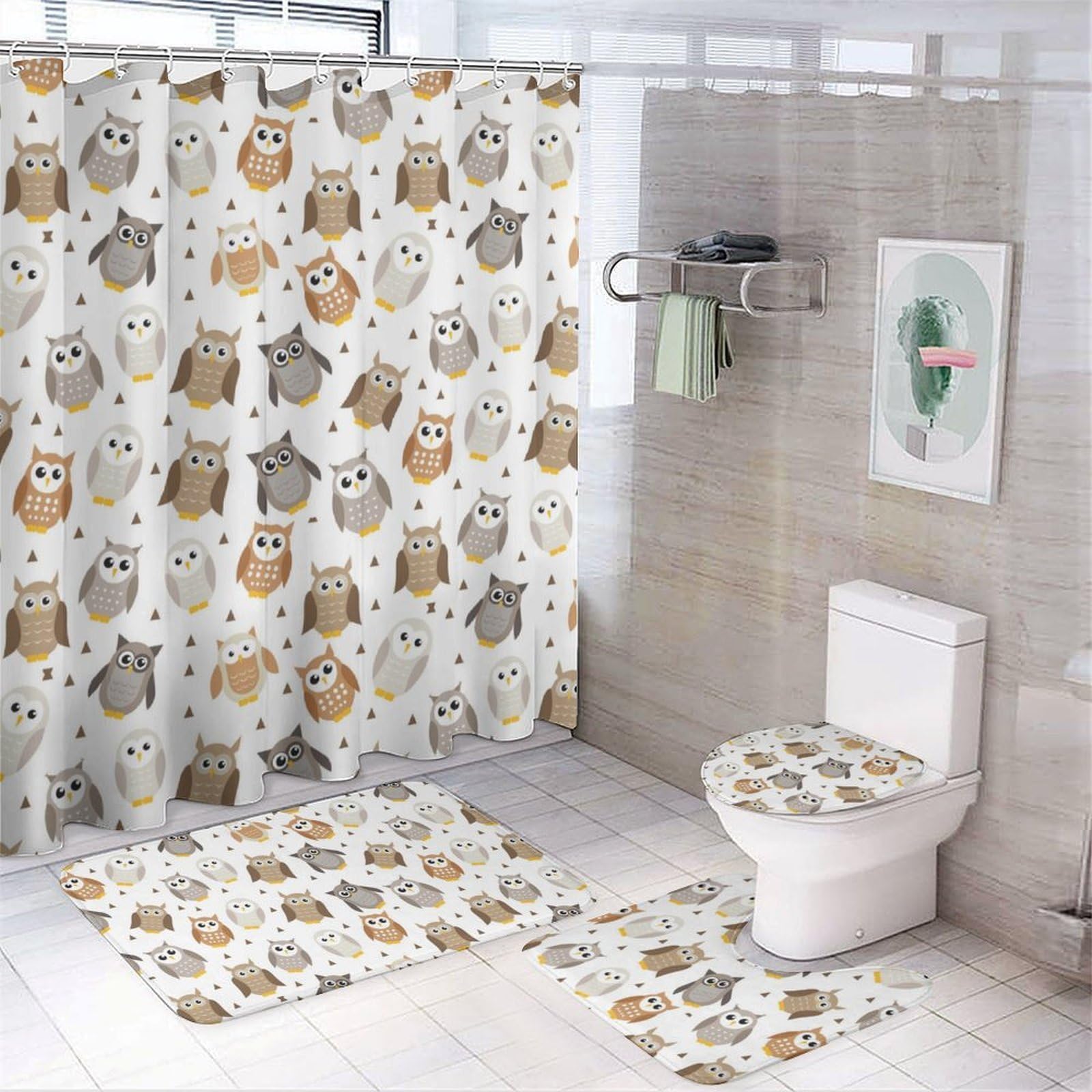 JZemdybill Bathroom Mat Set 4 Piece, Owl Pattern Shower Curtain with Non-Slip Bath Mats for Bathroom
