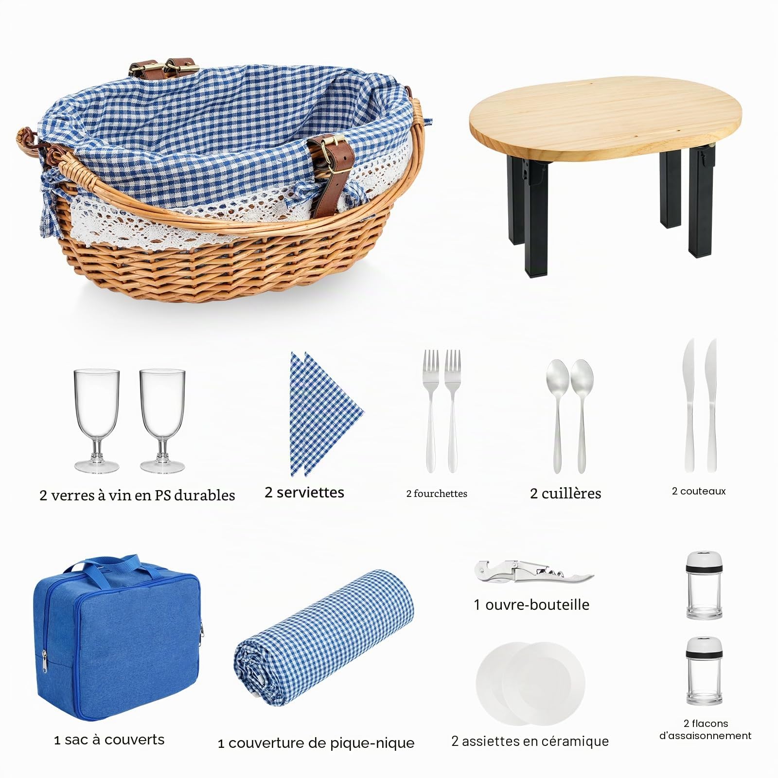 Set de Panier Pique-Nique en Osier pour 2 Personnes avec Table détachable,Sac fourre-Tout à Couverts,Couverture Imperméable, Doublure intérieure Amovible,pour Camping, Plage, Famille/Couple Cadeaux