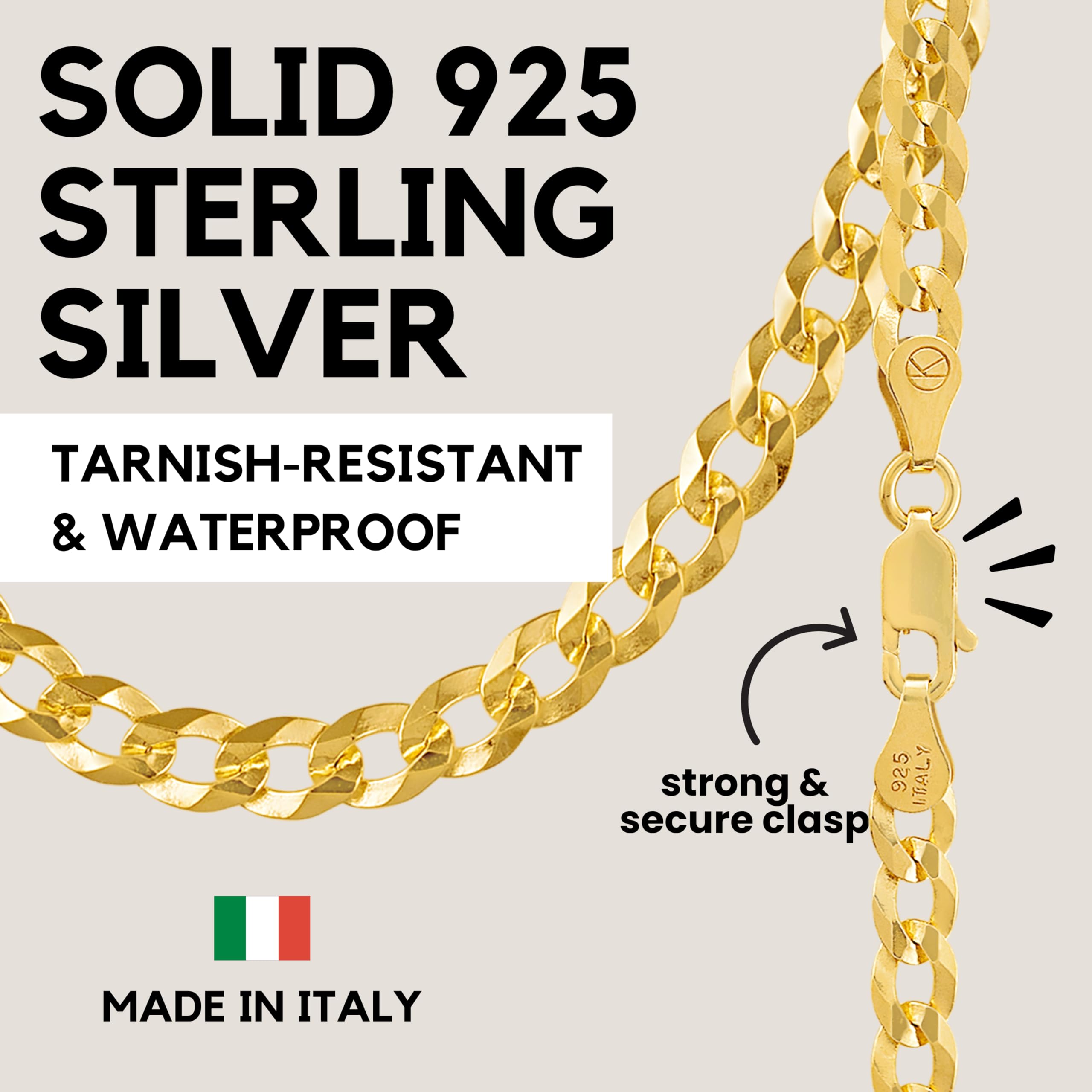 KISPER Collar italiano de cadena de eslabones cubanos de oro de 18 quilates sobre plata de ley 925 con corte de diamante de 5 mm, para hombres y mujeres con cierre de langosta, fabricado en Italia