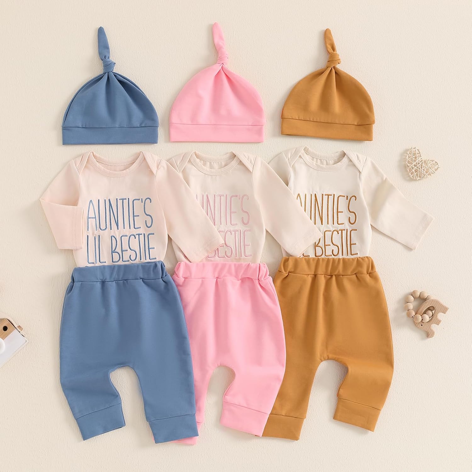 SAYOO Aunties Bestie Baby Clothes Gender Neutral Unisex Funny Letter Bodysuit Romper Solid Leggings Pants Hat 3Pcs Outfits - Image 2