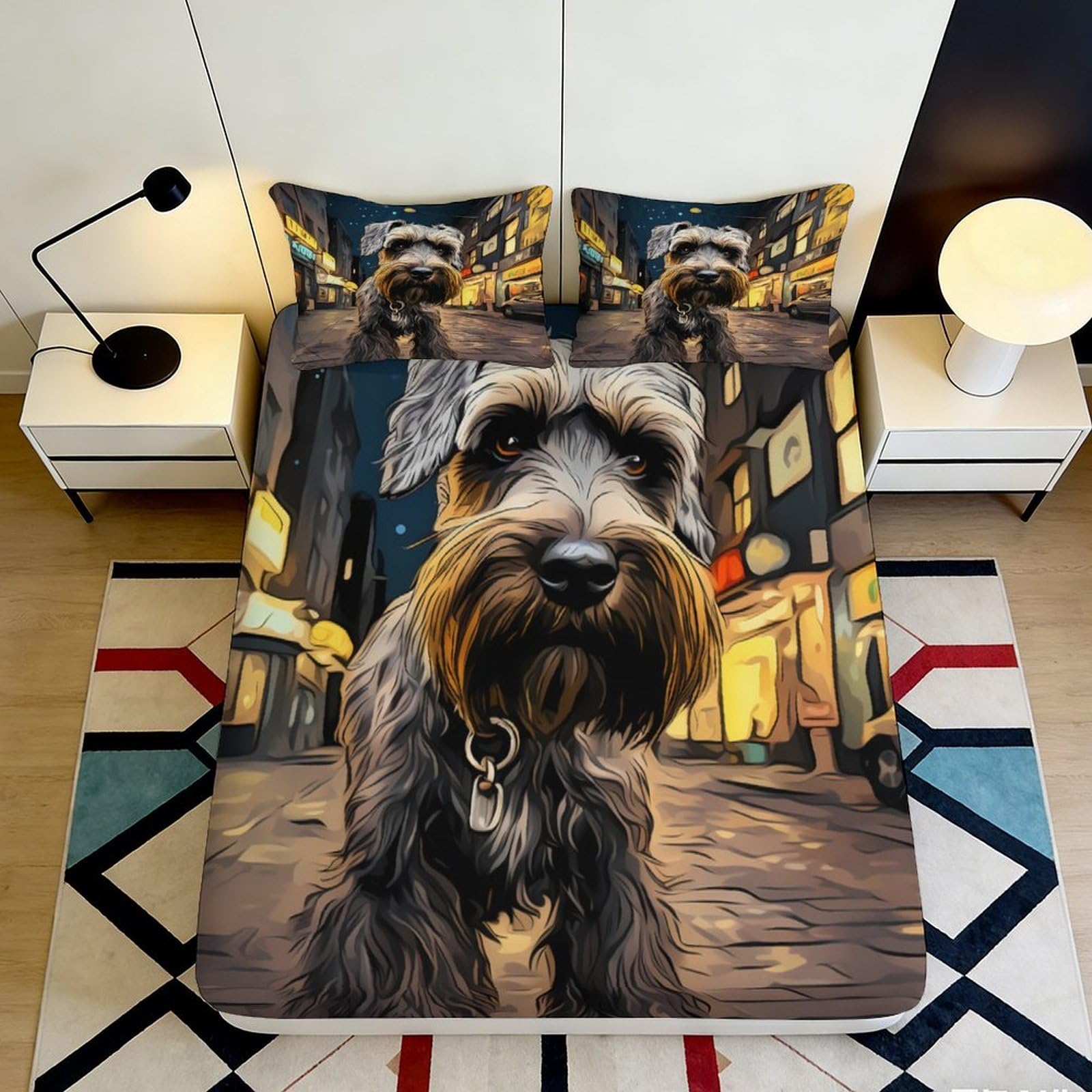 Pnayamiorkfel Style-9 3D Printed Schnauzer City Night Fitted Sheet Microfiber Soft Anti-Slip Bed Cover For Bedroom Dorm Mattress Decor 90X200x25cm