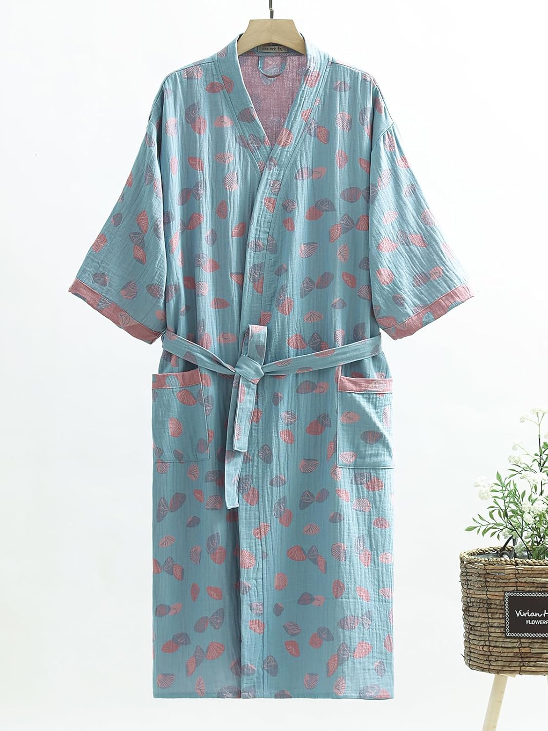 Cotton Gauze Robe for Wome Plus Size Kimono Robe Muslin Bathrobe with Belt Pocket Loungewear Yukata Sleepwear - Image 5