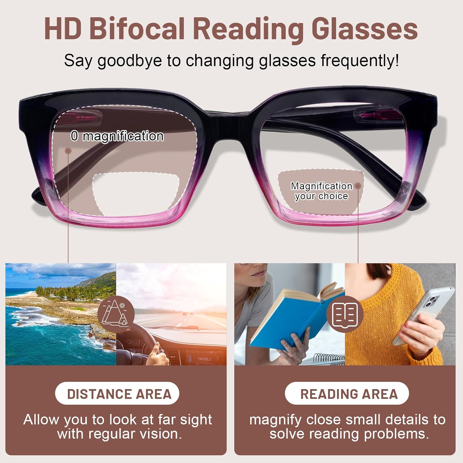 MARE AZZURO Bifocal Reading Glasses Women Oversized Blue Light Blocking Readers 0 1.0 1.5 2.0 2.5 3.0 3.5