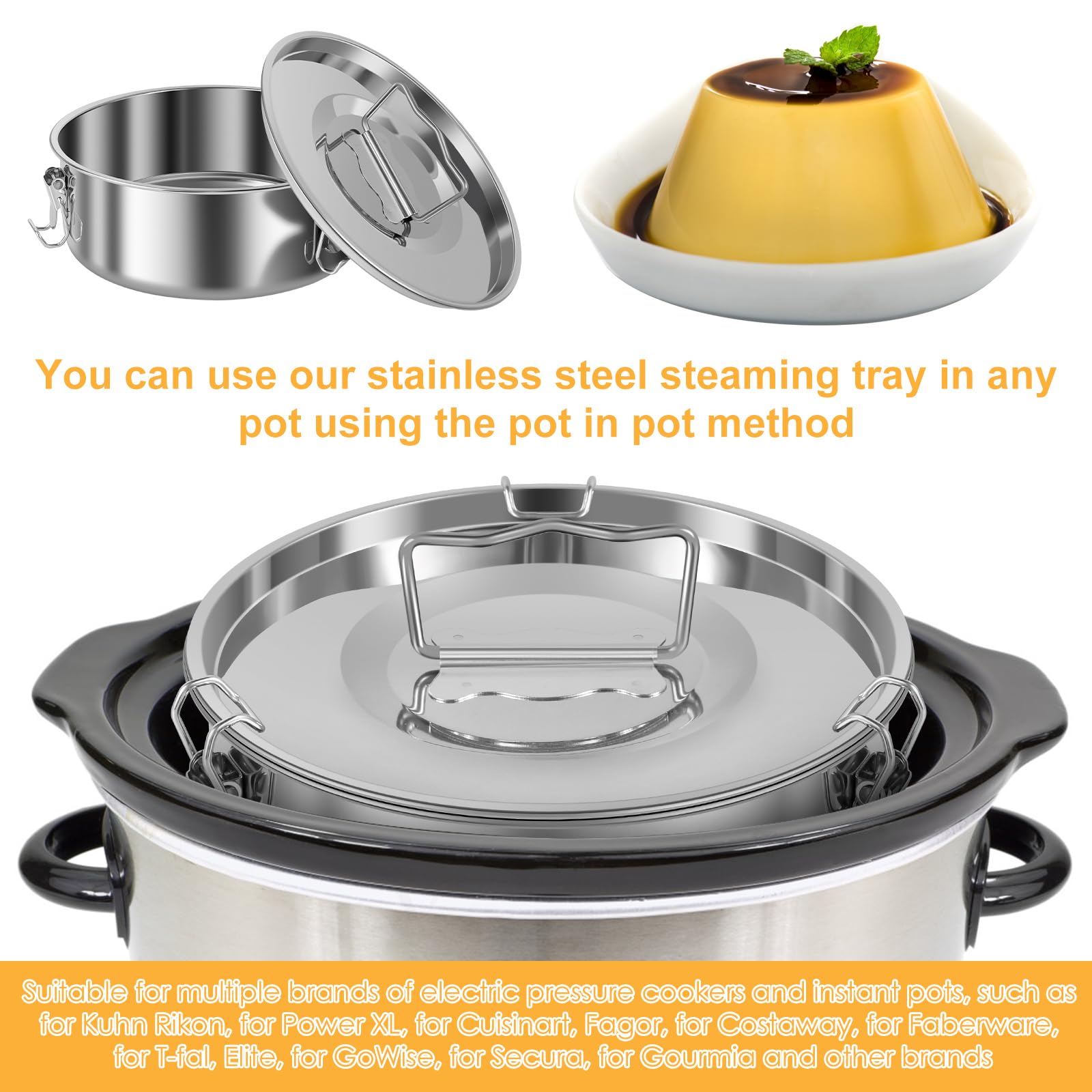 Molde de flan de acero inoxidable con tapa, 1.5 cuartos de galón, moldes de flan con cuchara de 7.5 x 7.5 x 3 pulgadas con asa, moldes de flanera redondos multifuncionales para hornear
