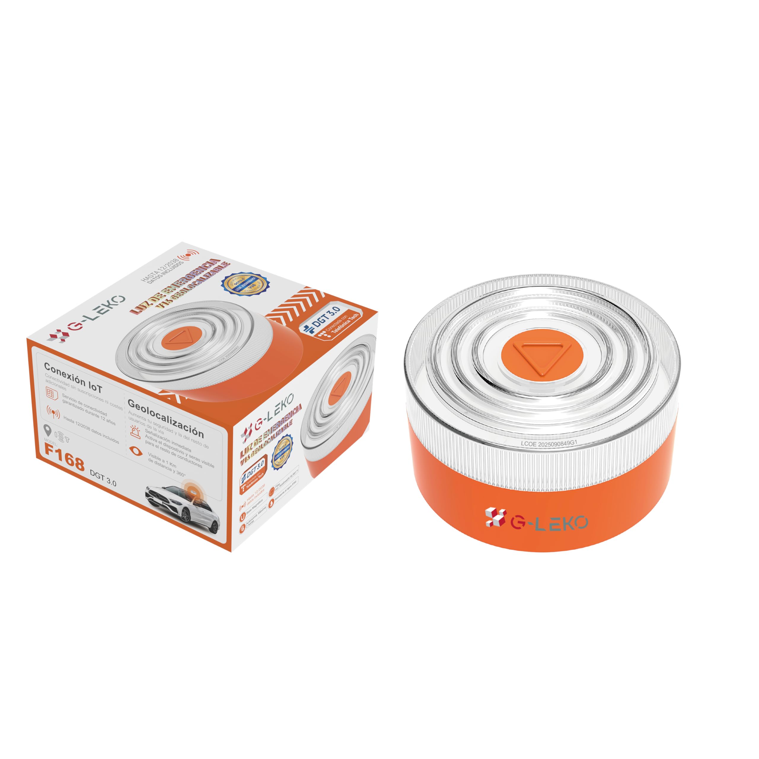G-LEKO Emergency Light V16 Approved DGT 3.0 January 2026. Beacon V16 Emergency Light Car with Geolocation Includes Data up to 2038. Popup Signal 8 LEDs Visibility >1 km and 360° Magnetic Base.