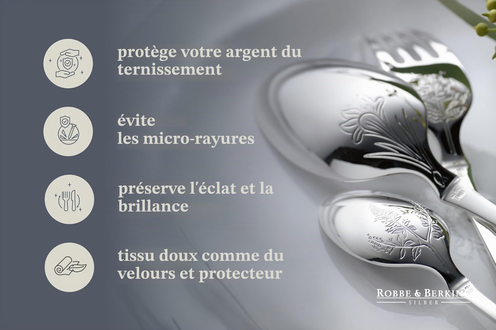 Robbe & Berking en tissu, pochette de rangement pour couverts en argent et métal plaqué argent, protège des rayures et du ternissement (12 fourchettes à menu / 12" couteaux à menu
