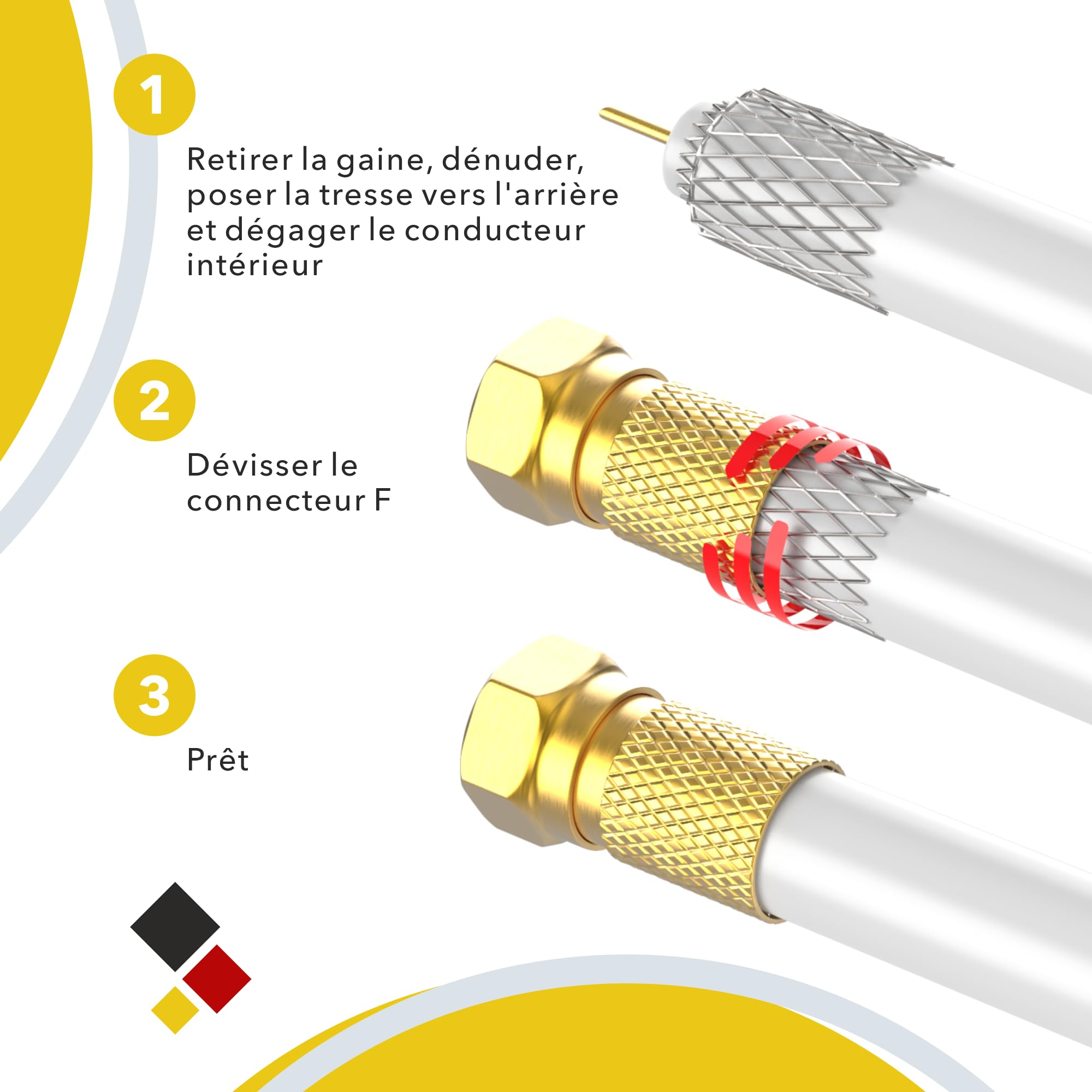 Connecteur F 7mm Fiche F 10 pièces dorées Joint caoutchouc Ecrou large Câble coaxial SAT LNB satellite à visser