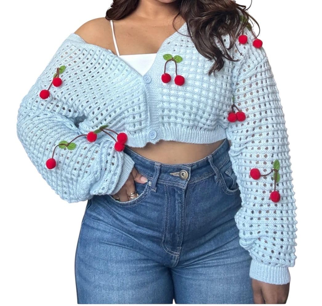 Women's Crochet Cherry Cardigan Sweater, Light Blue, Long Sleeve Crop Top with Decorative Cherry Appliques, Knitted Pattern-picture-23