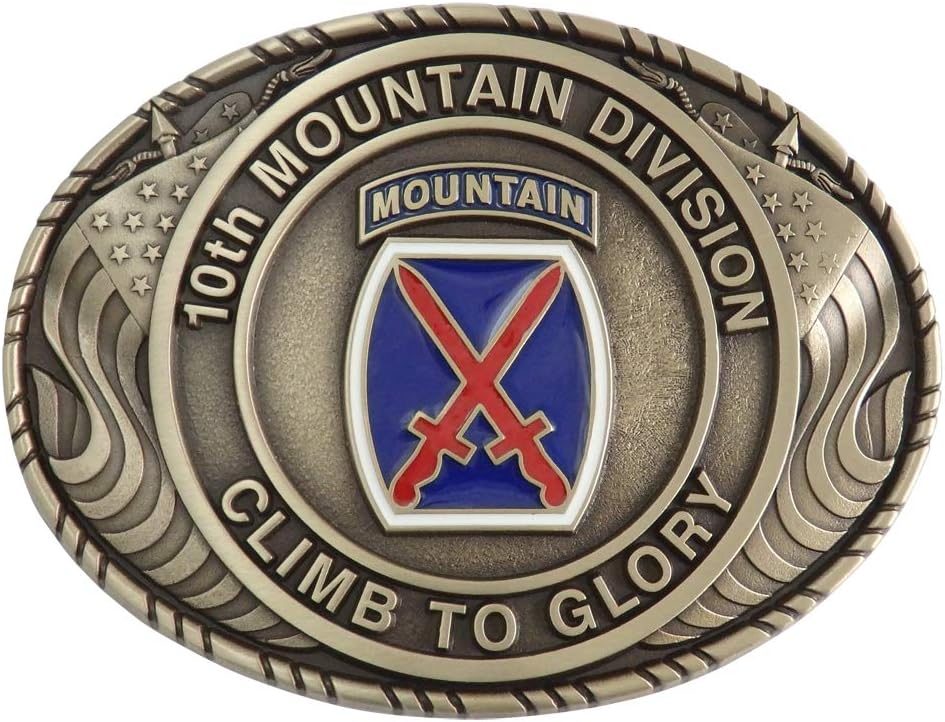 Indiana Metal Craft US Army 10th Mountain Division Double USA Flag Solid Brass Buckle with Belt. MADE IN USA