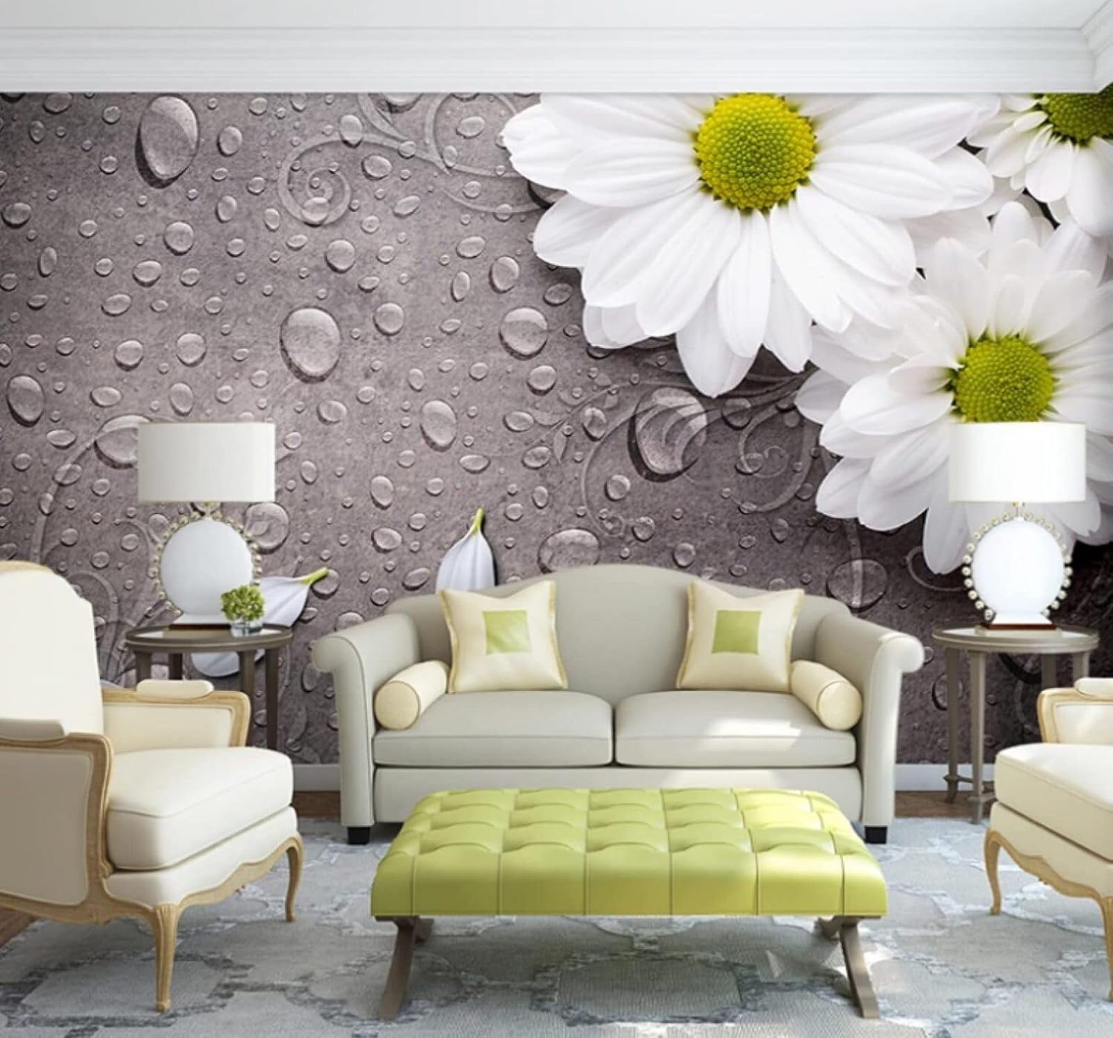 Papier peint de salon design frais fleurs blanches 3D bureau