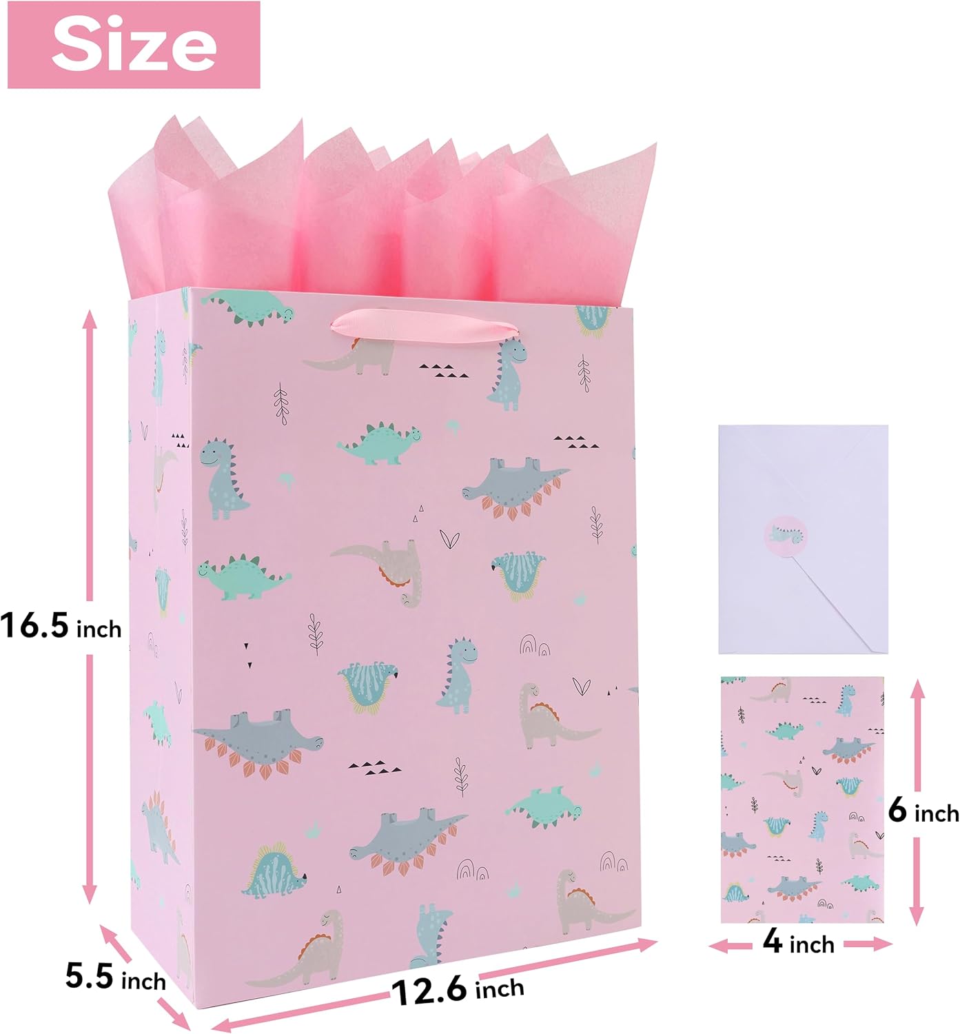 16.5” Extra Large Dinosaur Gift Bag Set with Handles, Greeting Card, Pink Tissue Papers and Stickers for Girls Kids Teens for Birthday Baby Shower Baby Girl Newborn New Moms, Dinosaur-themed Design, 1 Pcs image 2