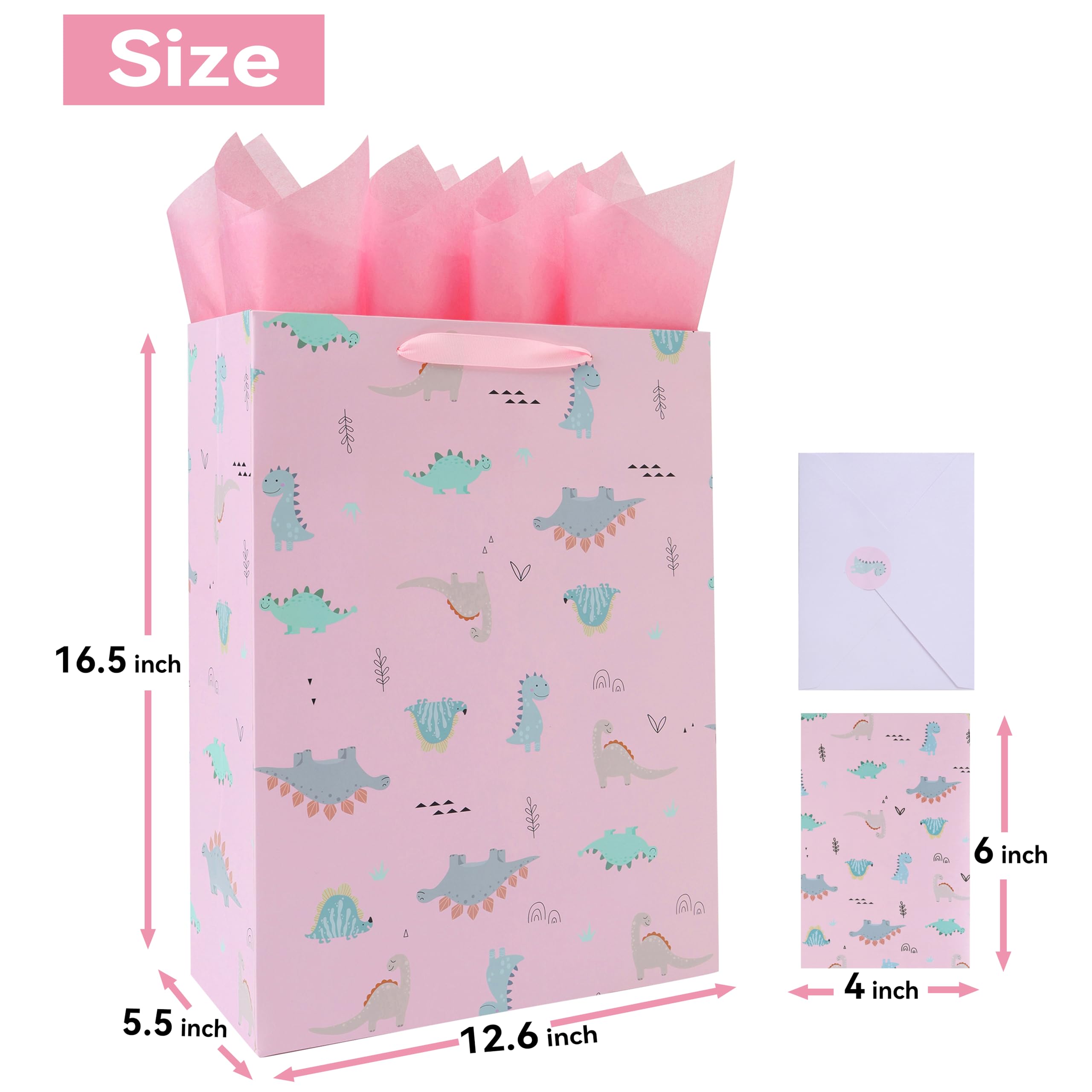 16.5” Extra Large Dinosaur Gift Bag Set with Handles, Greeting Card, Pink Tissue Papers and Stickers for Girls Kids Teens for Birthday Baby Shower Baby Girl Newborn New Moms, Dinosaur-themed Design, 1 Pcs