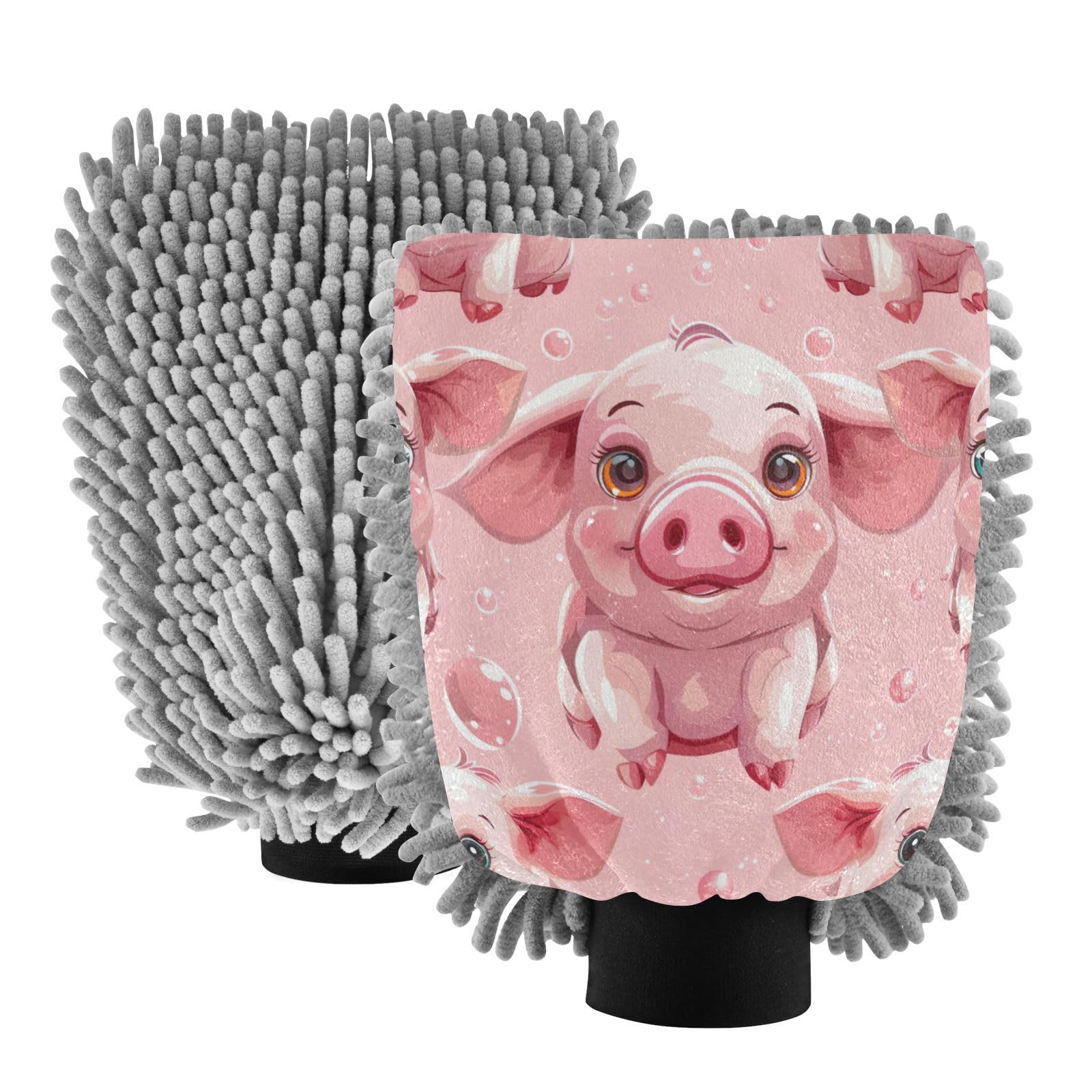 Kigai Cute Cartoon Pig Car Wash Mitt Microfiber, 2Pcs Scratch Free Lint-Free, Premium Chenille Microfiber Mitt Car Wash Brush-L