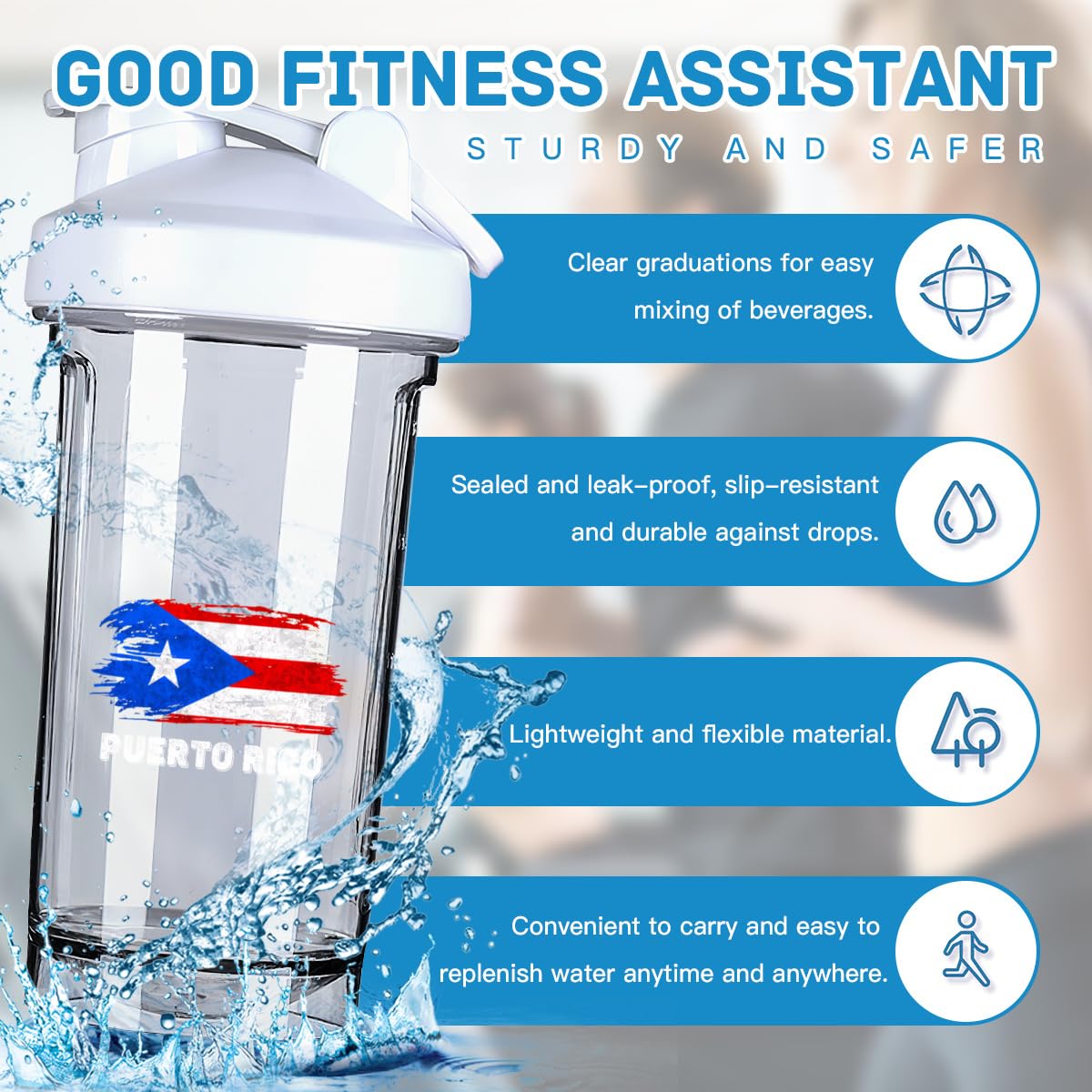 Porto Rico Flag 18 Ounce Shaker Bottle Drink Mixer Leak-proof Pre Workout Protein Shakes Meal Replacement Shakes Bottles 500ML/18 Oz White&-1