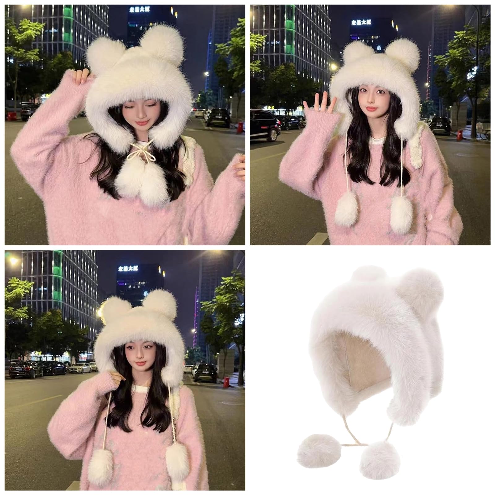 WEISUYUUS Furry Cartoon Headwear with Pompoms for Outdoor Sports Furry Hat with Ear Oversized Headgear Hat for Winter