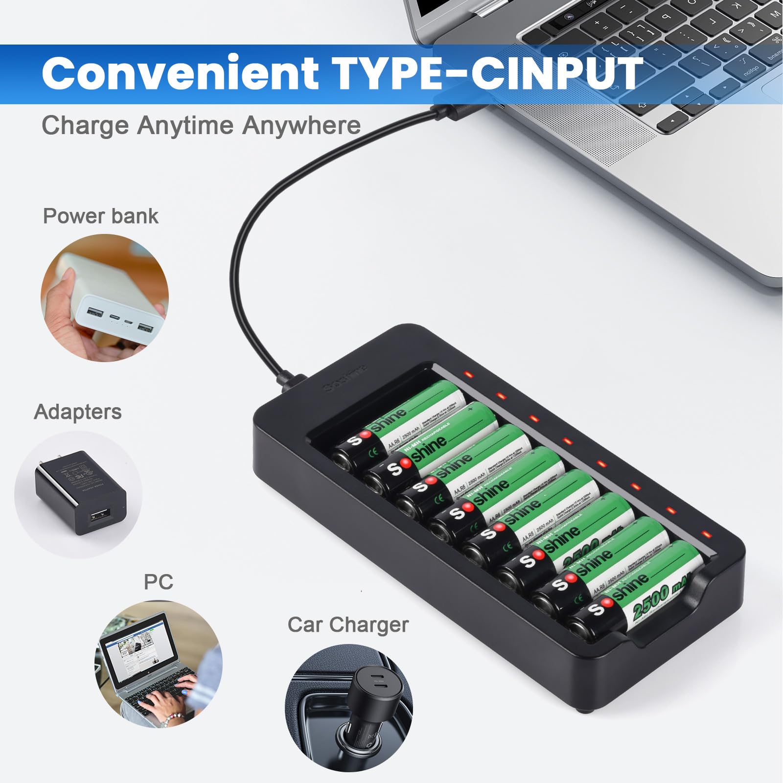 Cargador de batería inteligente AA AAA con 8 pilas recargables AA (2500 mAh Ni-MH), cargador de batería individual USB para baterías NiMH NiCD de 1.2 V, carga rápida para dispositivos domésticos y de